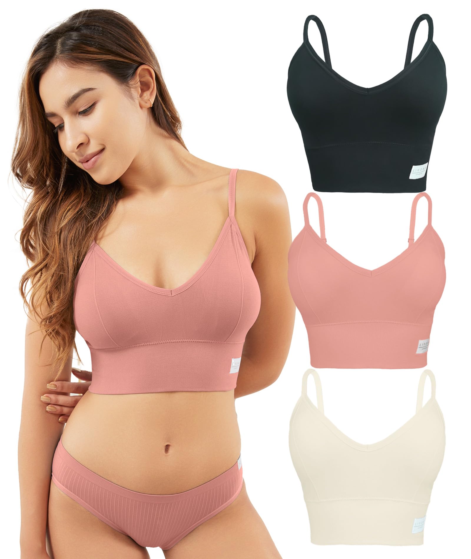 LIVONA 3 Pack Longline Sports Bra for Women- Soft Wireless Bra, Padded Seamless Bralette, Stretch Crop Cami Tank S-XXL