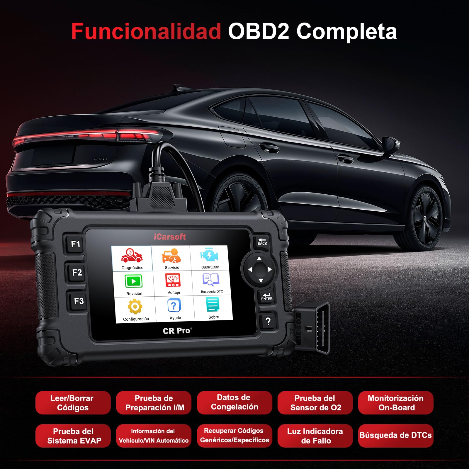 iCarsoft CR Pro+ OBD2 Máquina Diagnosis Coche Multimarca Español, Escáner de Todo el Sistema, 49 Funciones Reinicio, Bidireccional Detector Fallos Coche, Prueba de Batería, Vin Automático