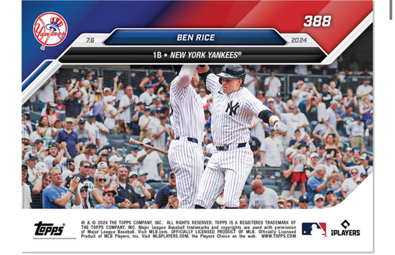 Amazon.com: 2024 T Now Ben Rice #388- RC Rookie 1st Yanks Hitter w
