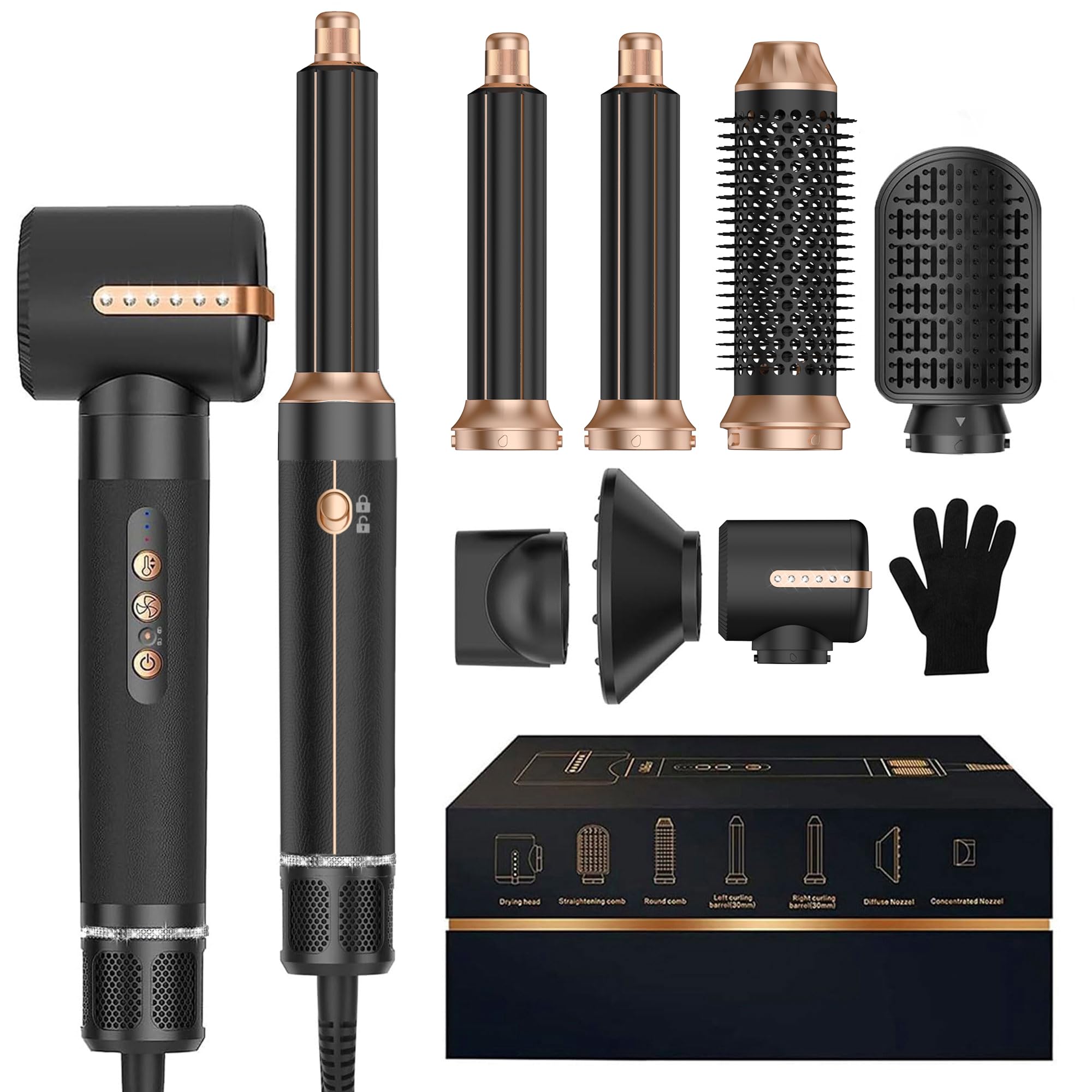 Hair Dryer Brush 7 in ONE, Powerful Blow Dryer Brush with Air Curler for Hair, Brush Blow Dryer with Diffuser, Ionic Hot Air Brush Fast Dry, Volumize, Curls, Straight, Hair Styling Tools 100-120V