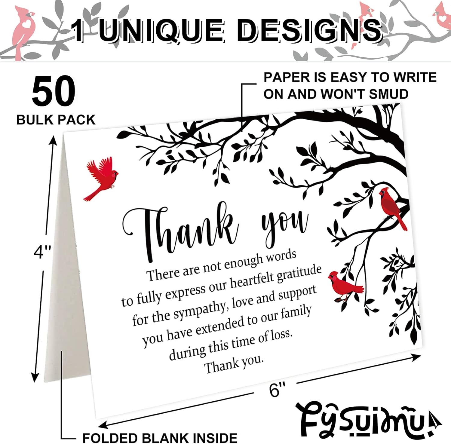 50Pcs Funeral Thank You Card Cardinal Bird Branch Sympathy Boxed Thank You Card with Sticker Envelope Bereavement Cards for Memorial Service Loved Ones Celebration of Life