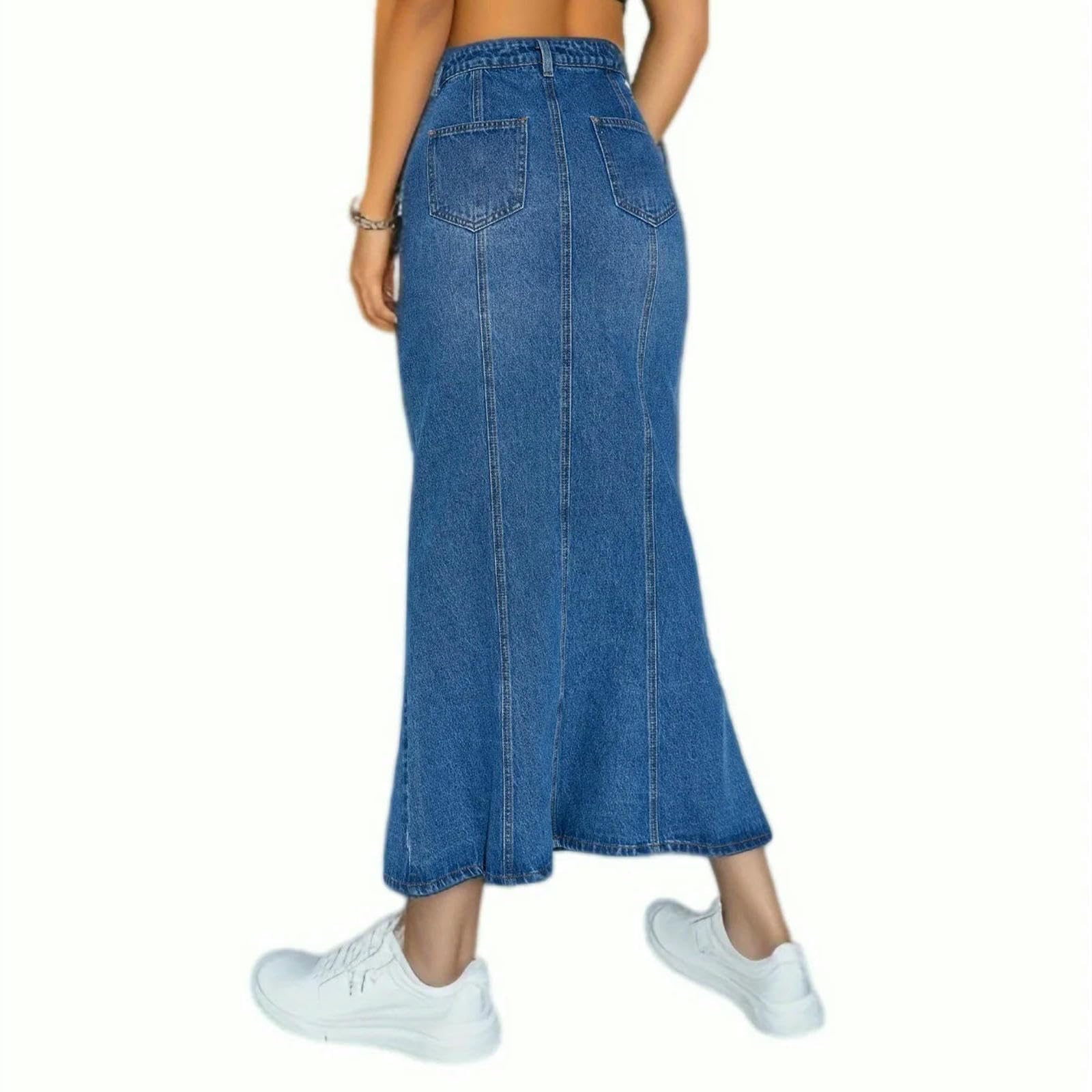 Langer Rock Damen Denim Langrock Frauen Eine Linie Dehnbare Röcke Freizeitpocket Reißverschluss Fliege Vintage Hohe Taille Streetwear-blau-l