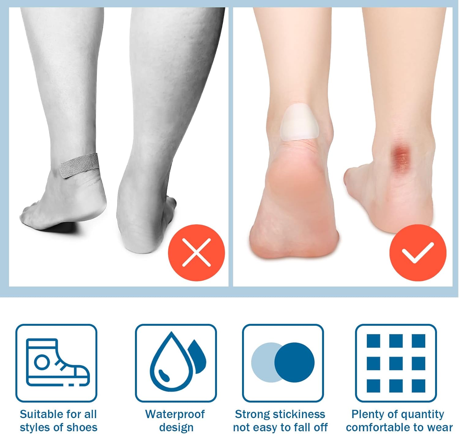 Tarpop 100 Pcs Blister Bandages Hydrocolloid Blister Pads for Heel Waterproof Gel Adhesive Bandages Protectors for Feet Toes(Single Style)