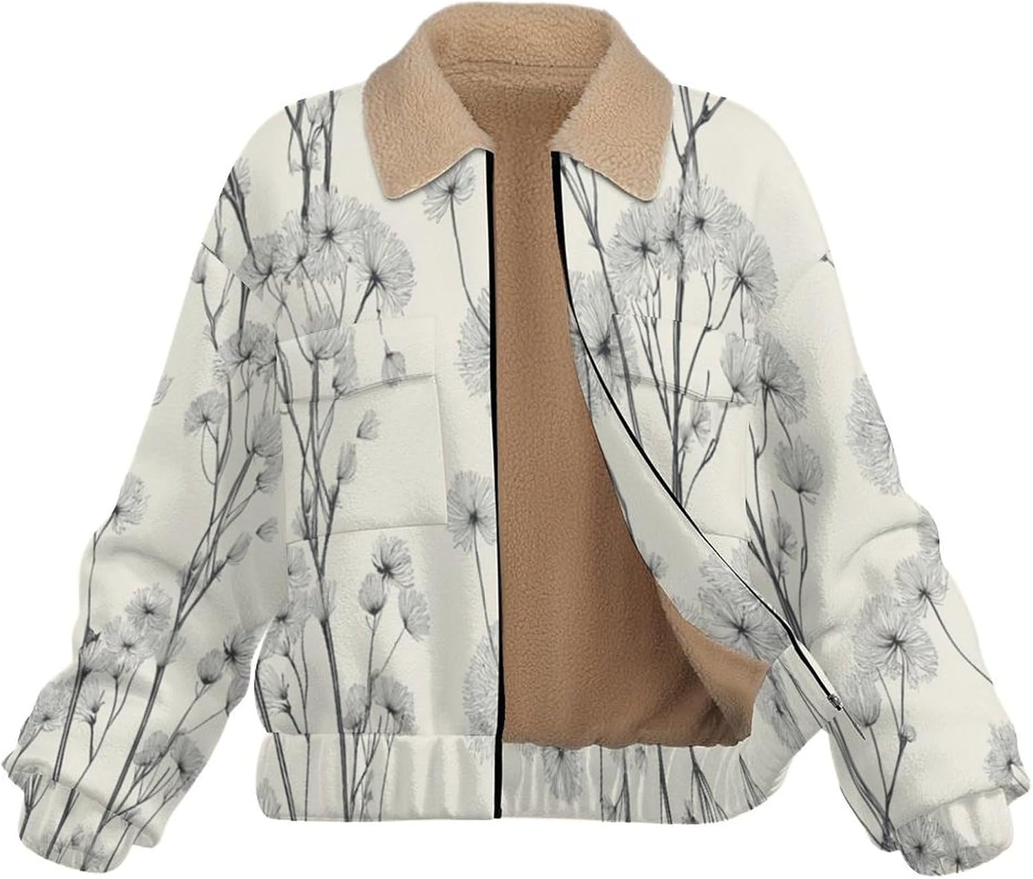 Women's Full Zip Soft Polar Fleece Jacket, Dandelion vine Printed Outdoor Coat, Long Sleeve Comfortable Outerwear