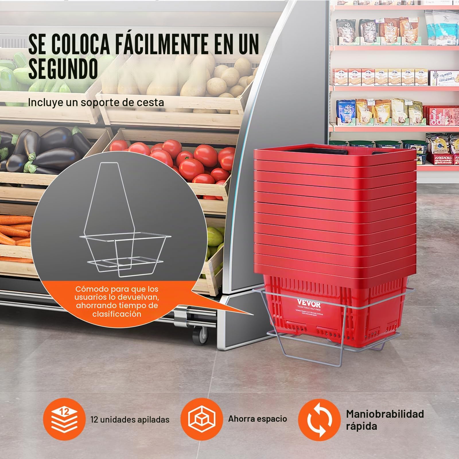VEVOR Cesta Roja de la Compra con Asas y Soporte, 12 Piezas, 24 L, Cesta Portátil de la Compra de Plástico Duradero de 425 x 295 x 225 mm, para la Compra de Comestibles en el Supermercado, Tienda