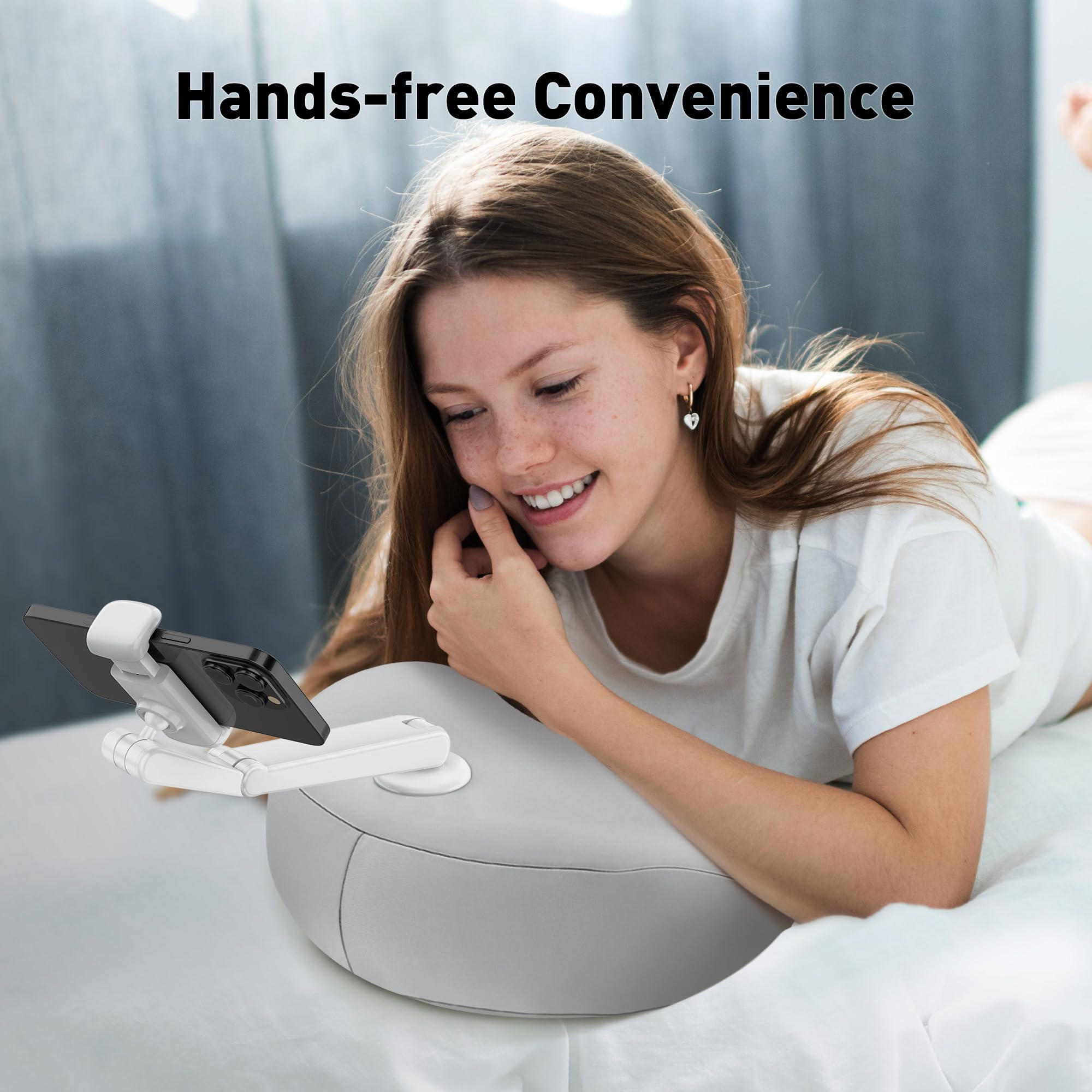 Supporto per telefono da letto con braccio flessibile, girevole a 360°, supporto per telefono per sdraiarsi, cuscino a mezzaluna brevettato compatibile con iPhone e telefoni da 4,7"-7", supporto per