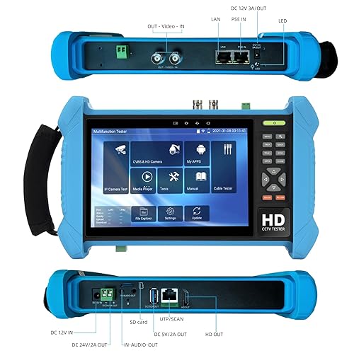 Vista 4 de Koolertron Probador de cámara IP de pantalla táctil IPS 4K H.265 de 7 pulgadas, POE/WiFi, comprobador analógico CVBS, salida HDMI, RJ45 TDR, tarjeta