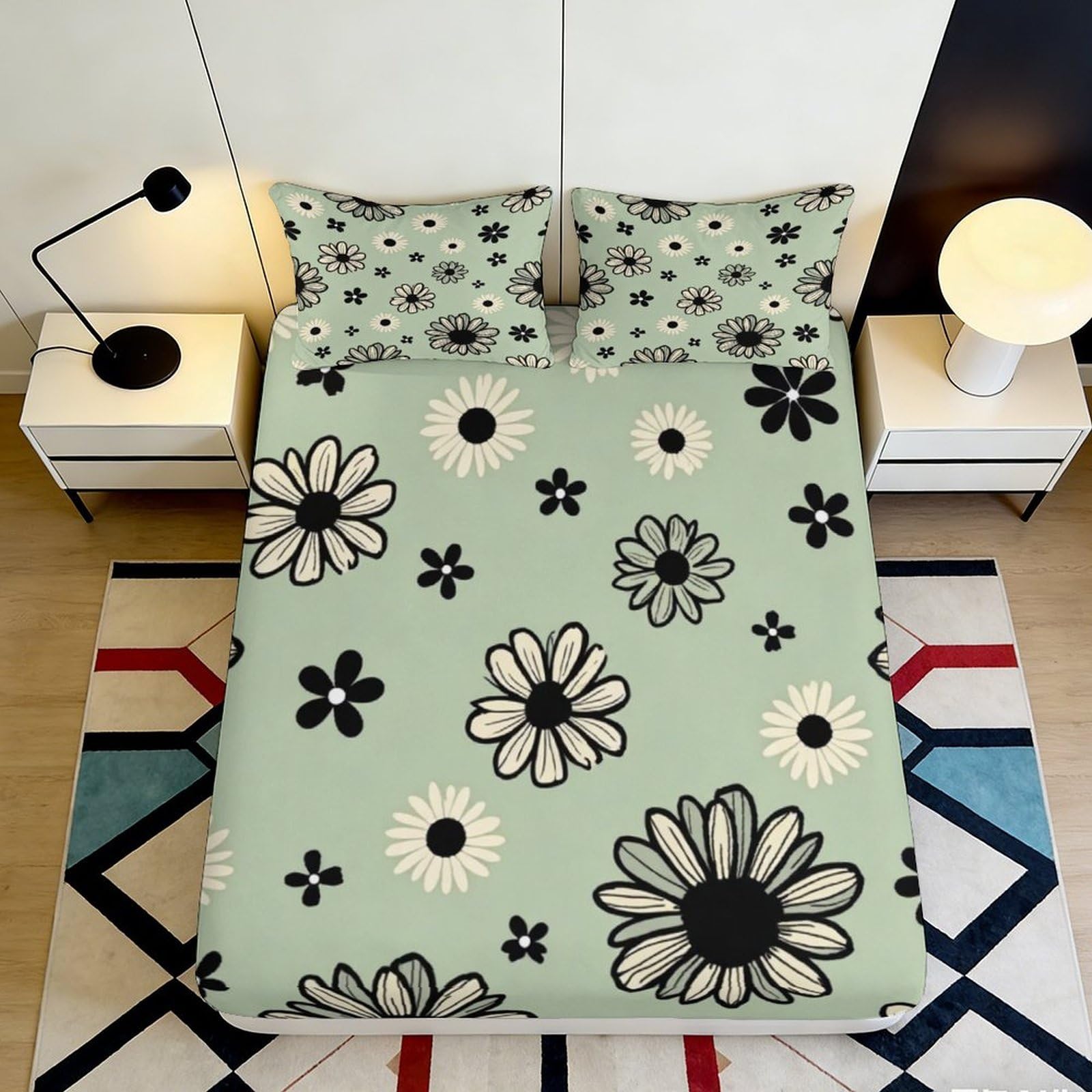 3D Printed Pastel Floral Fitted Sheet Microfiber Soft Breathable Daisy Pattern Bed Cover for Bedroom Guest Room Decor 90x200x25cm