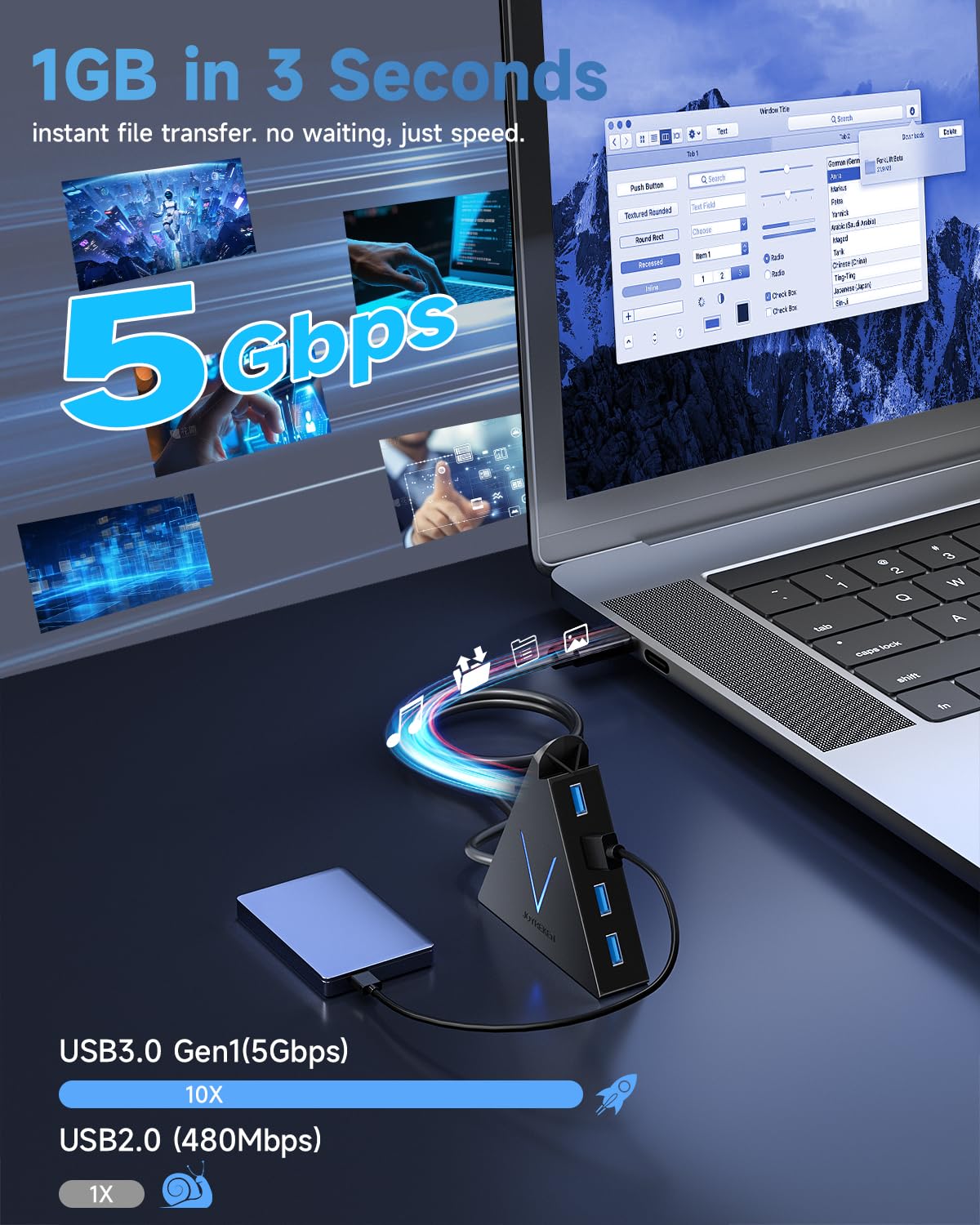 JoyReken USB 3.0 Hub,4 Port USB Hub Tower,2ft Cable USB Splitter for PC, Xbox One, PS4, PS5, iMac, Surface Pro, XPS, Laptop, Desktop, Flash Drive, Mobile HDD (Green)