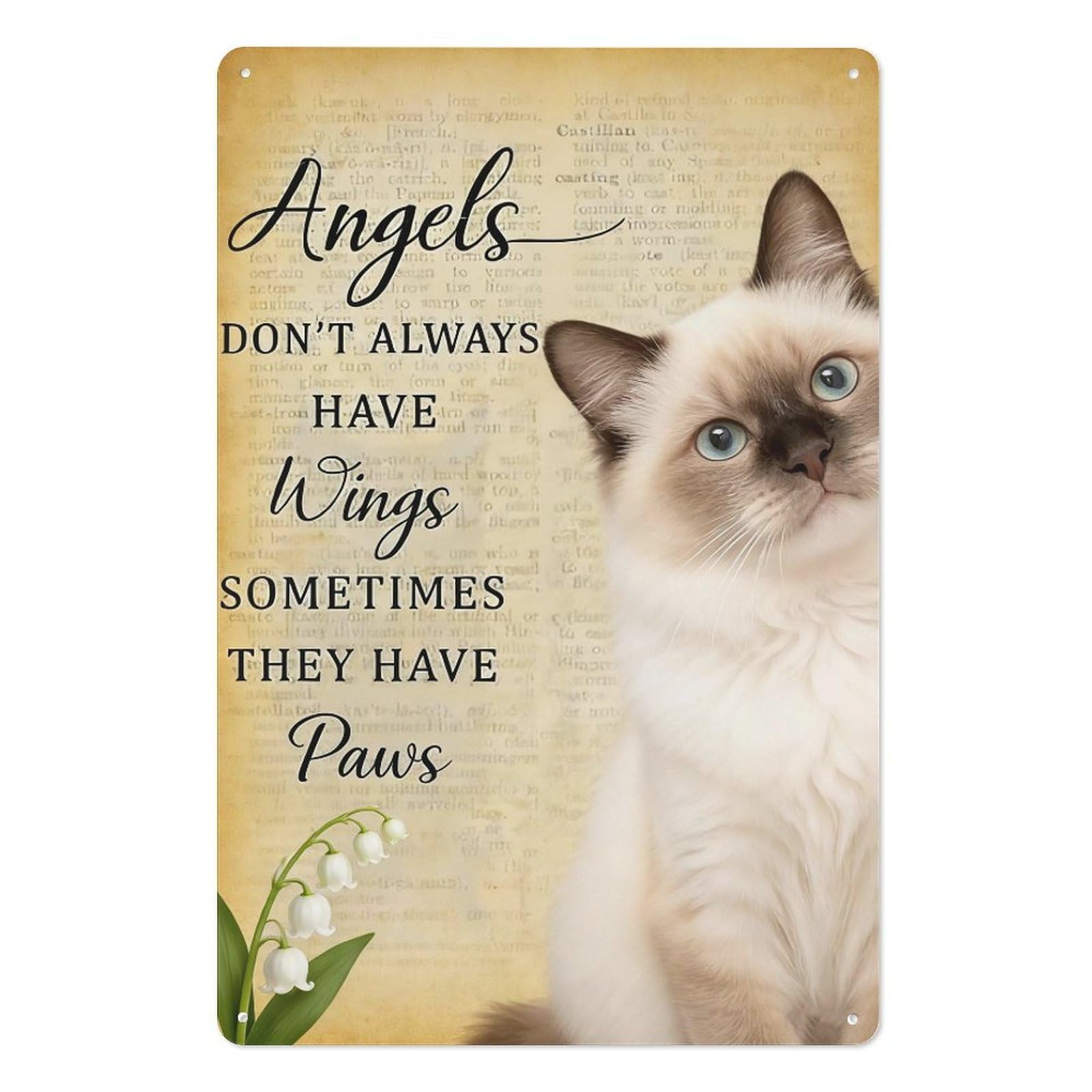 peiyeety Heartfelt Siamese Cat Metal Tin Sign – 8x12 Inch Cat with Lilies Illustration Wall Decor, Inspirational Pet Wall Art Plaque for Home Gift
