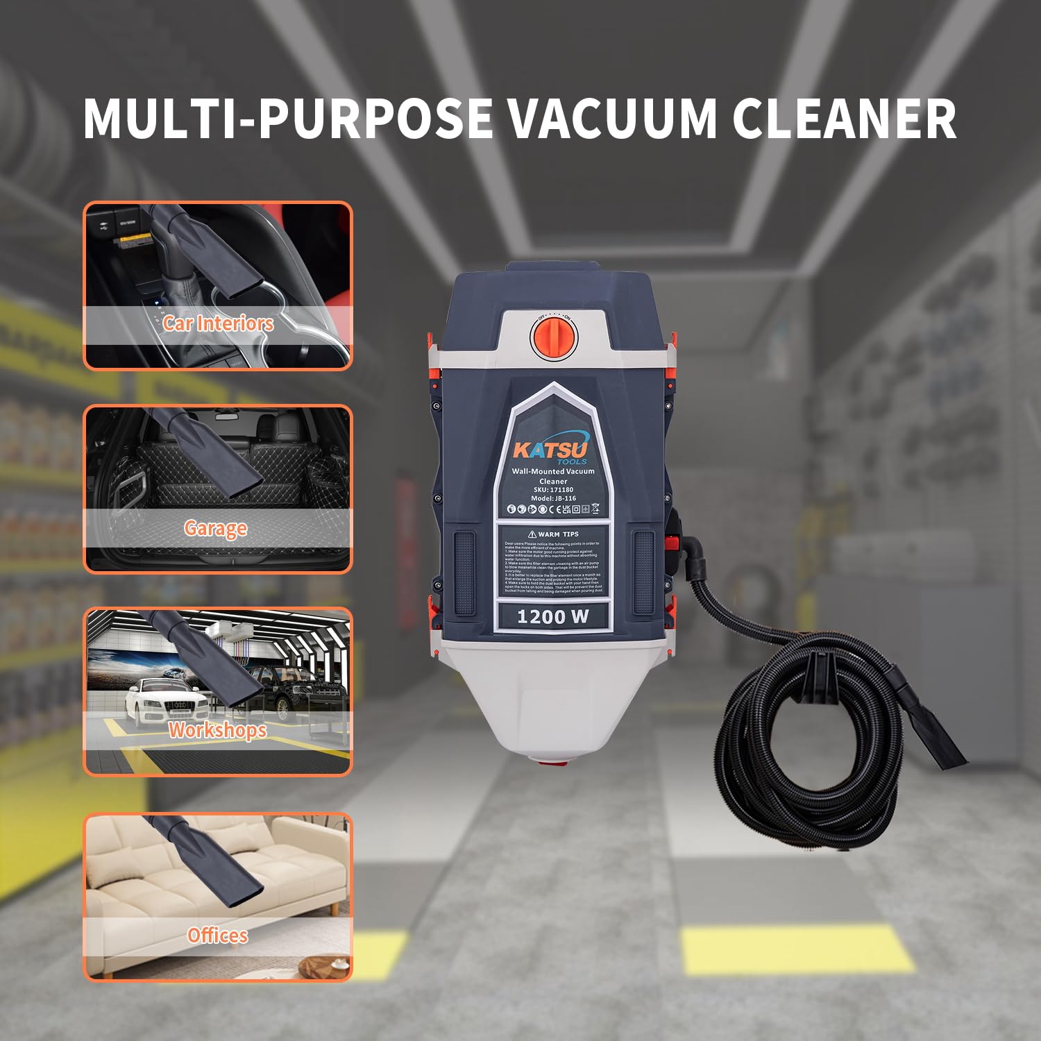 KATSU Tools Wandmontierter Garagenstaubsauger 25 Liter 1200W, Staubabsaugung und Gebläse für Auto und Werkstatt mit 10m Schlauch 171180