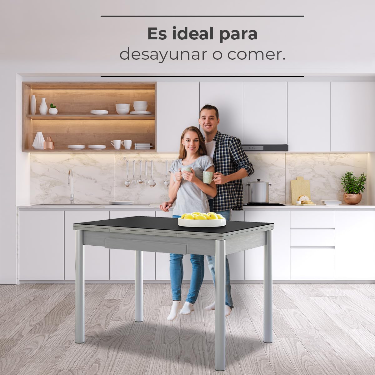 Astimesa - Mesa de Cocina Extensible - Estructura Aluminio - Color Negro - Ideal para Espacios Pequeños - Medidas: 90 x 50 cm - Extensible: 140 x 50 cm