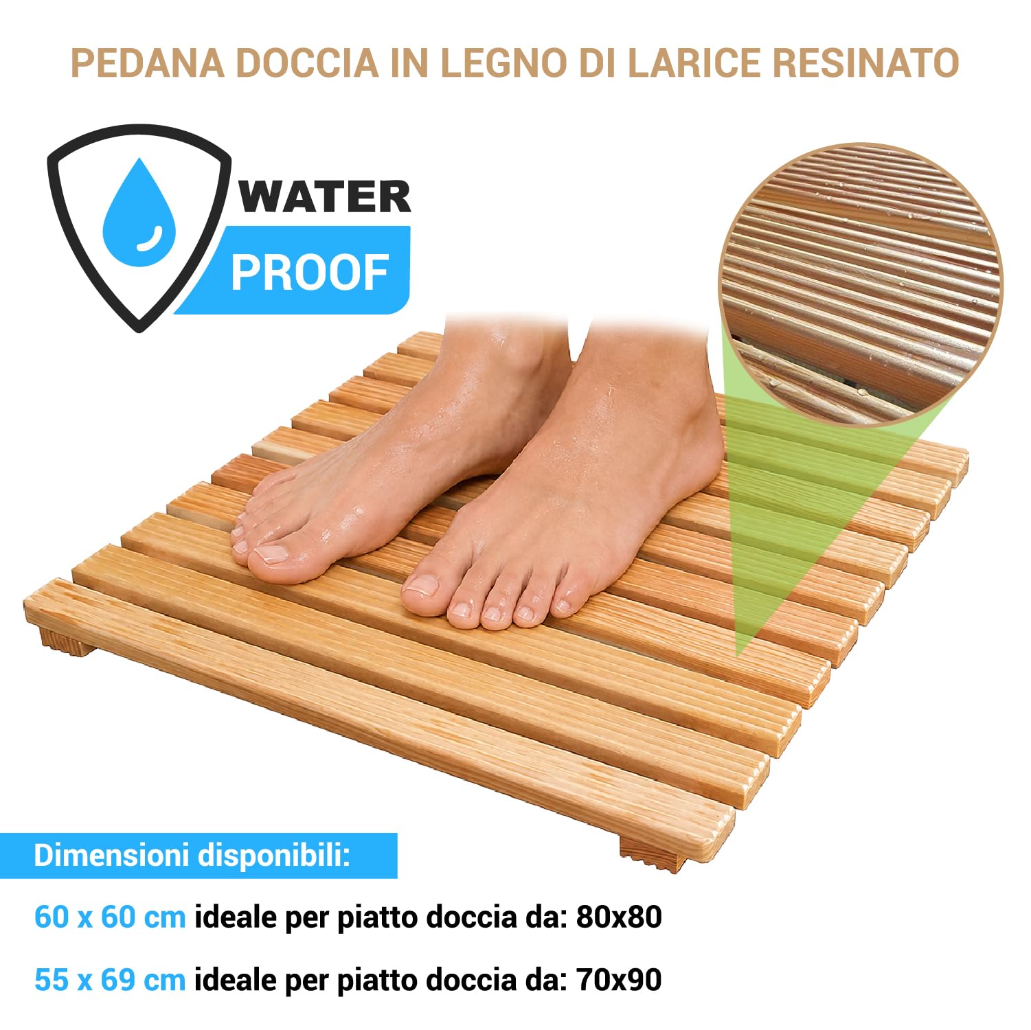 Crisalide® - Pedana Doccia in Legno, Antiscivolo Waterproof 60x60CM | Drenante