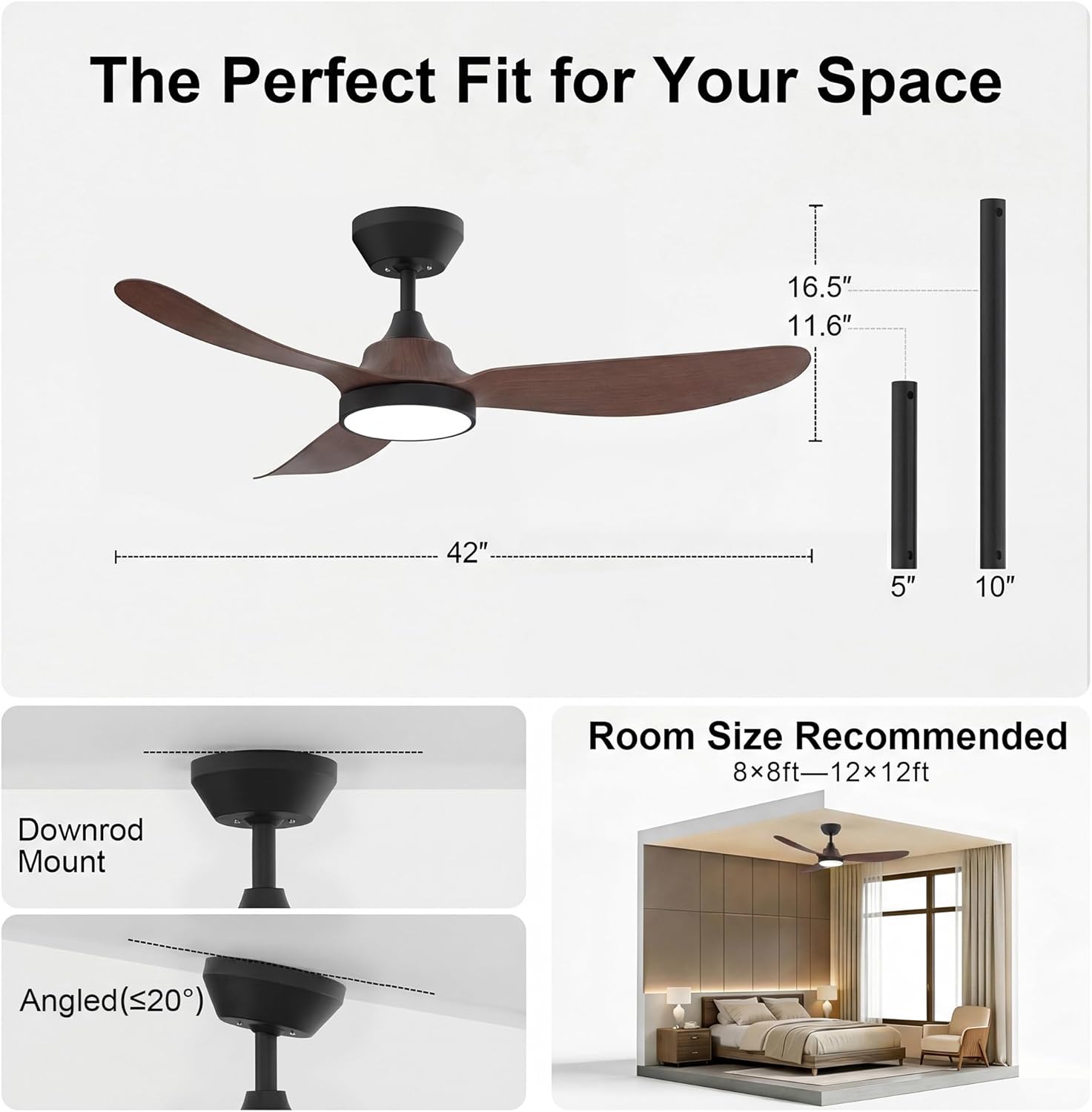 GREENEVER Ceiling Fan with Lights, 42 inch Ceiling Fans with Light and Remote Control, 3CCT, Dimmable, 6-Speed, Noiseless, Indoor White Ceiling Fan for Bedroom, Living Room by GRANDJOY