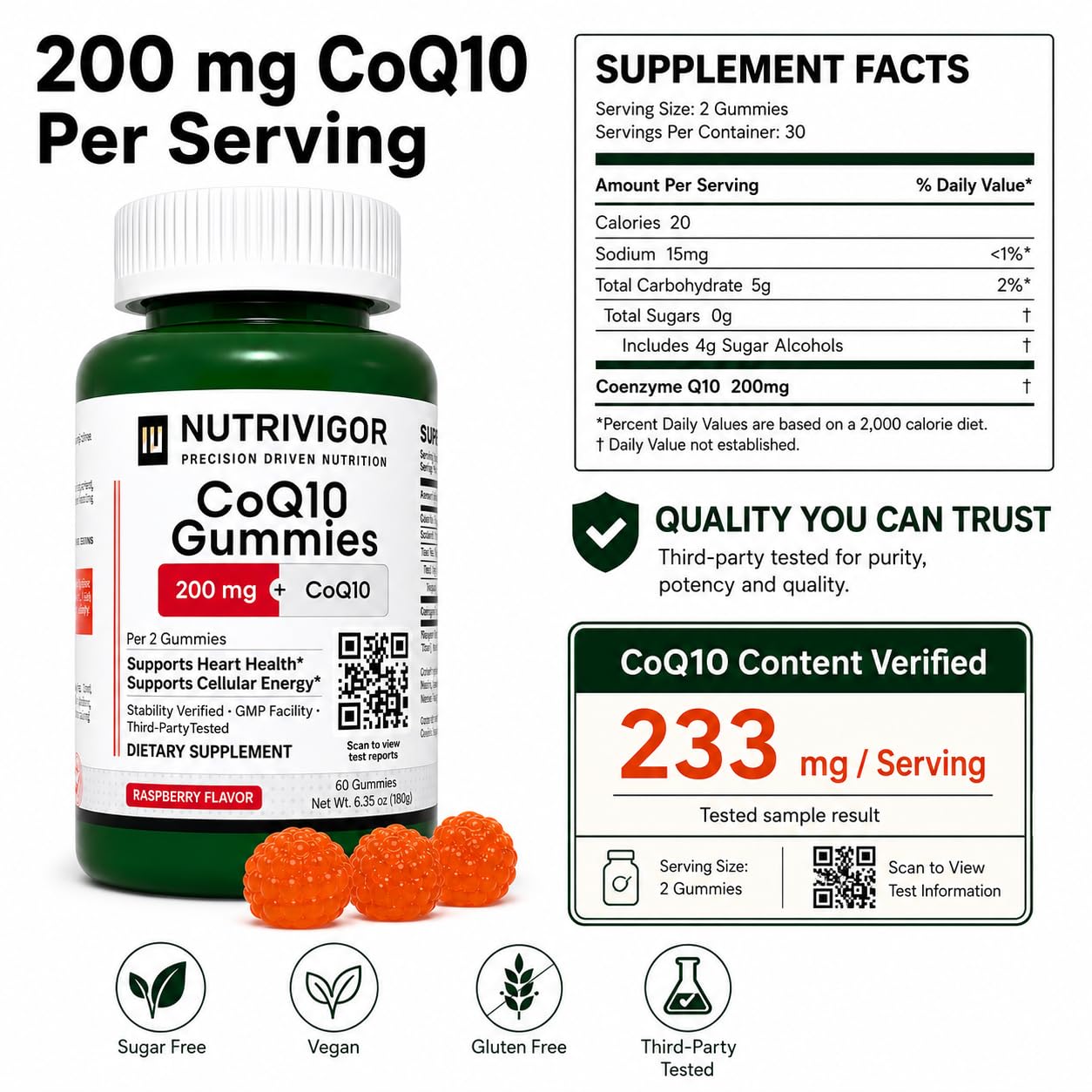 CoQ10 Gummies 200mg, Coenzyme Q10 Gummies for Adults, Sugar Free Vegan Supplement, Supports Heart Health, Cellular Energy & Antioxidant Support, No Artificial Colors Added, Raspberry Flavor, 60 Count — Amazon image 2