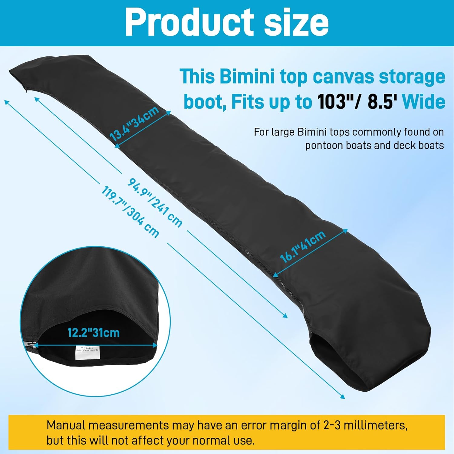 Oversize Bimini Top Storage Boot Cover, Bimini Top Cover Boot, Fits up to 103" / 8.5' Wide, Specifically Designed for Large or Oversized Frame Bimini Tops, Durable and Weatherproof, Black