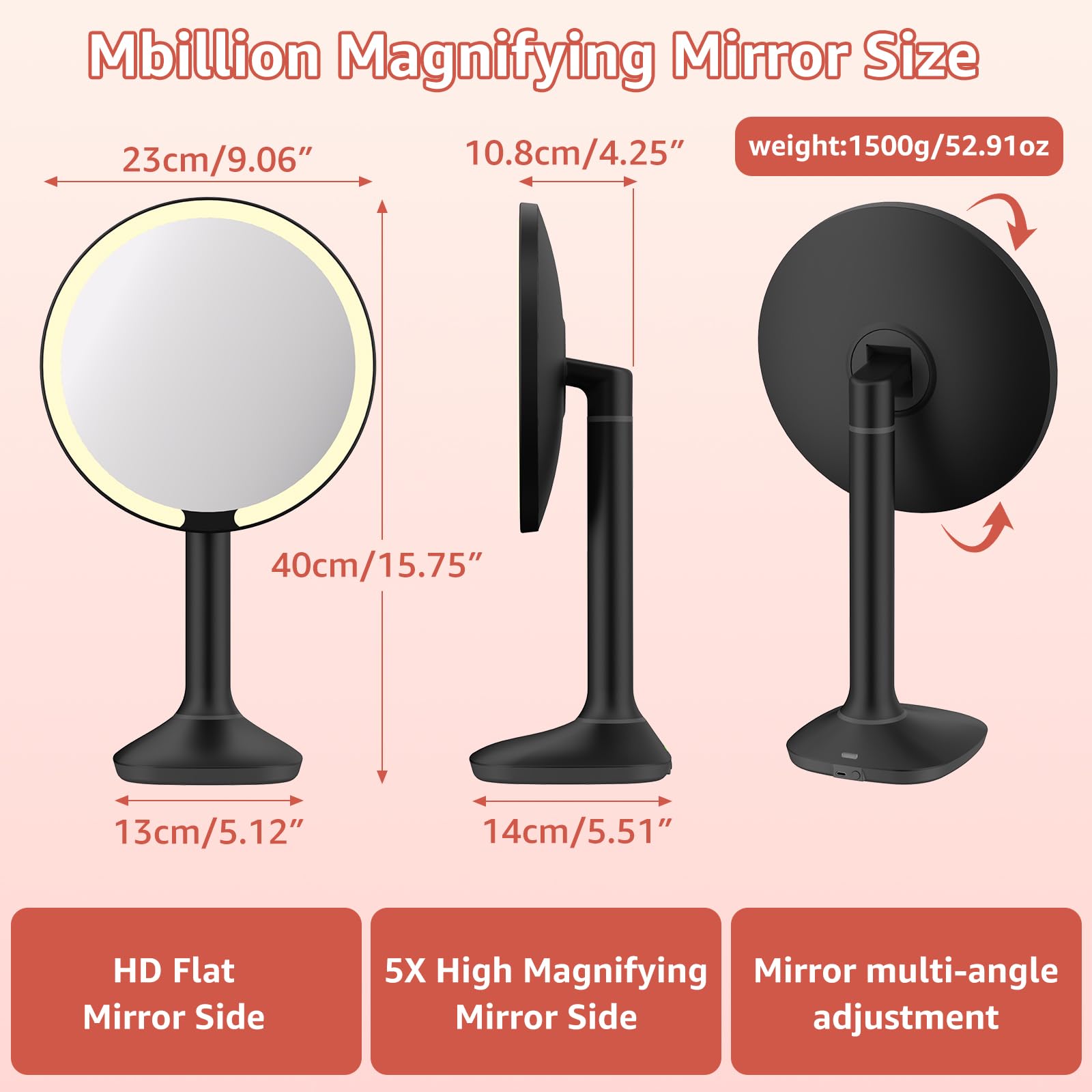 Mbillion Espejo de aumento con luz 5X, espejo de maquillaje portátil para escritorio, mesa de sobremesa, ajuste multiángulo, recargable para dormitorio, viajes (negro)