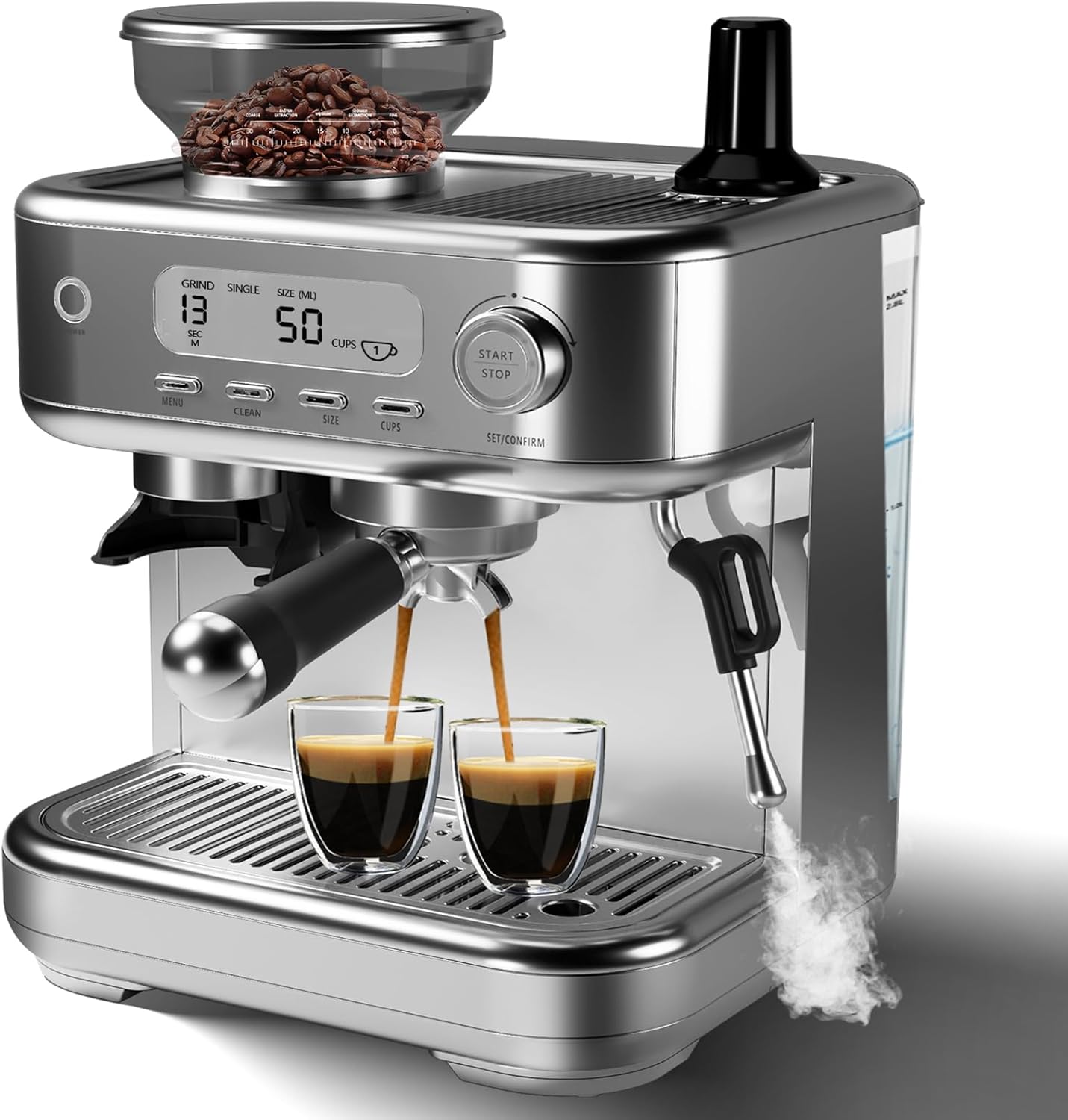 Espresso Machine, 15 Bar Stainless Steel Professional Espresso Maker with Grinder & Milk Frother & Barista Kit, Semi-Automatic Espresso/Latte/Cappuccino Machines for Home Office