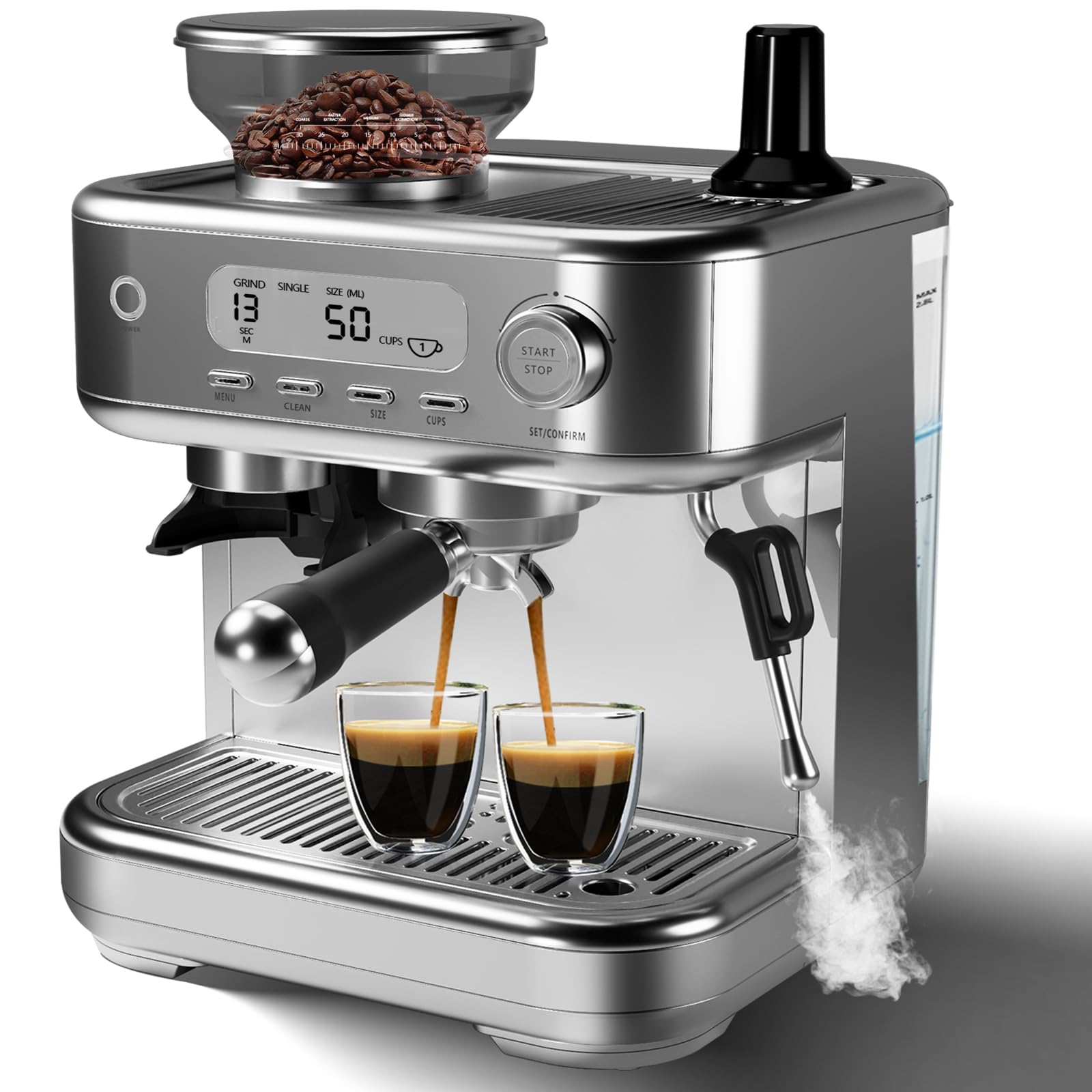 Front view of the Euker 15-Bar Espresso Machine with grinder, showing the LCD display and controls