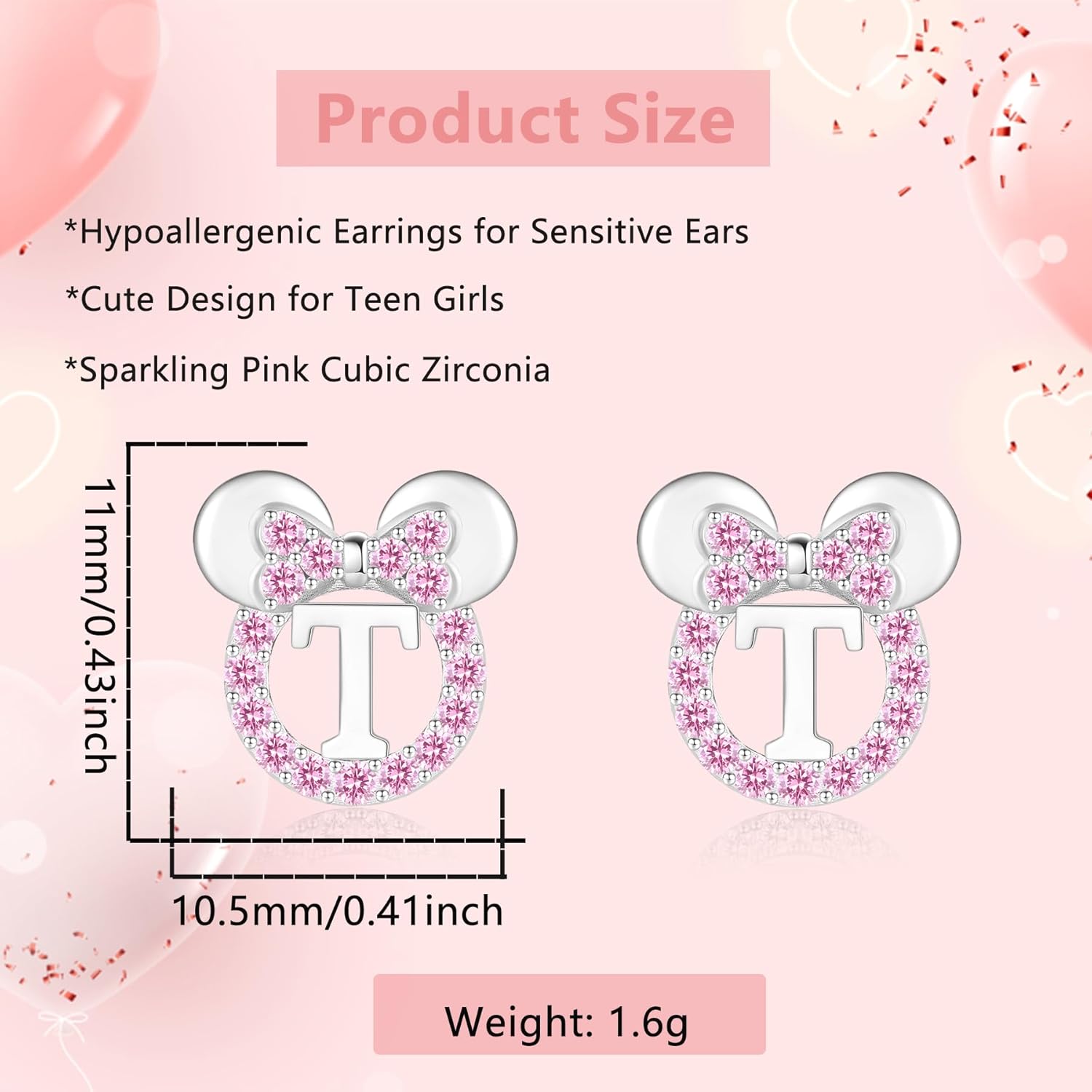 925 Sterling Silver Earrings for Girl Women: Hypoallergenic Initial Earrings with Pink Cubic Zirconia Cute Earrings Studs for Sensitive Ears Chirstmas Birthday Gifts - Image 6