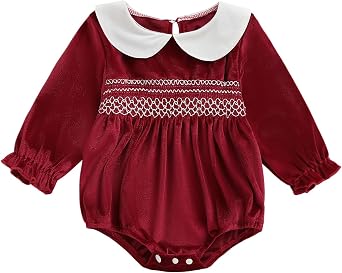 Newborn Infant Baby Girl Romper Velvet Long Sleeve Doll Collar Smocked Bubble Bodysuit Retro Fall Winter Clothes