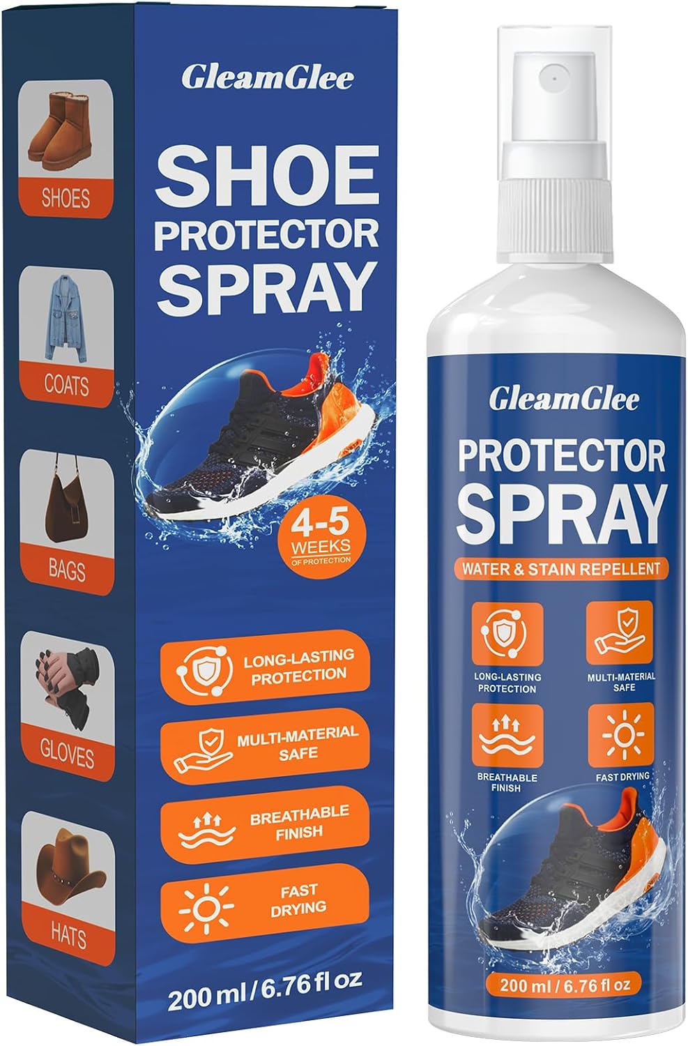 GleamGlee Shoe Protector Spray 6.76 fl oz (200ml) – Waterproof & Stain Repellent for Sneakers & Boots – Long-Lasting Rain Protection for Suede, Leather, Nubuck, Canvas & Fabric