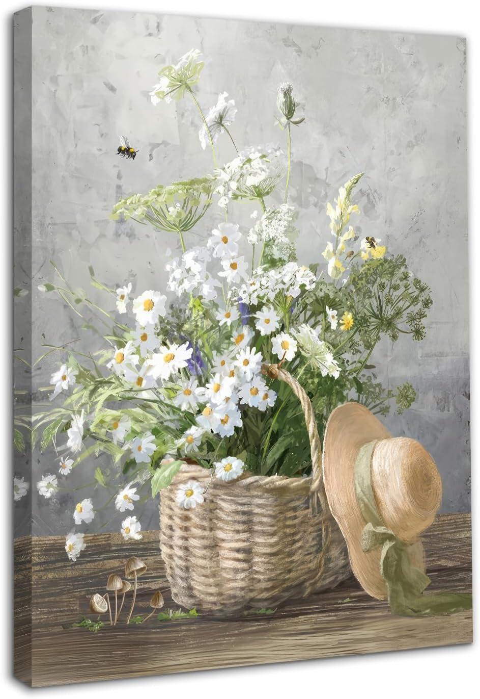 Dazzlewall Framed Daisy Flower Wall Art - Rustic Farmhouse Canvas Print, Botanical Floral Decor for Bathroom Living Room, 12x16 Inch