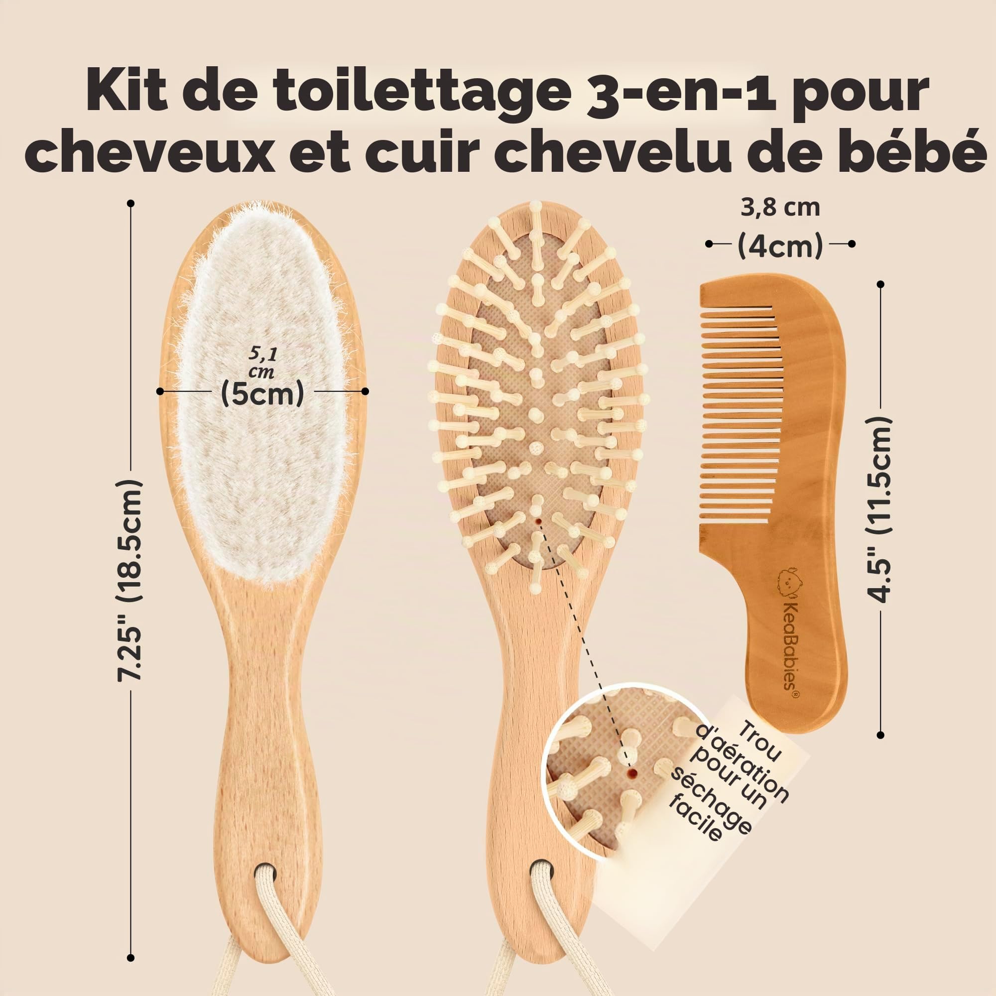 Brosse à Cheveux Bébé Pour Nouveau-né - Brosse à cheveux en bois naturel avec poils de chèvre doux pour berceau - Kit de toilettage parfait du cuir chevelu pour nourrissons, tout-petits et enfants