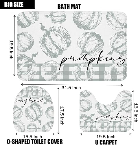 Miniatura 2 de Juego de 3 tapetes de baño de calabaza otoñal, diseño de cuadros grises de otoño, calabazas de otoño, cosecha, decoración de casa de campo, alfombra