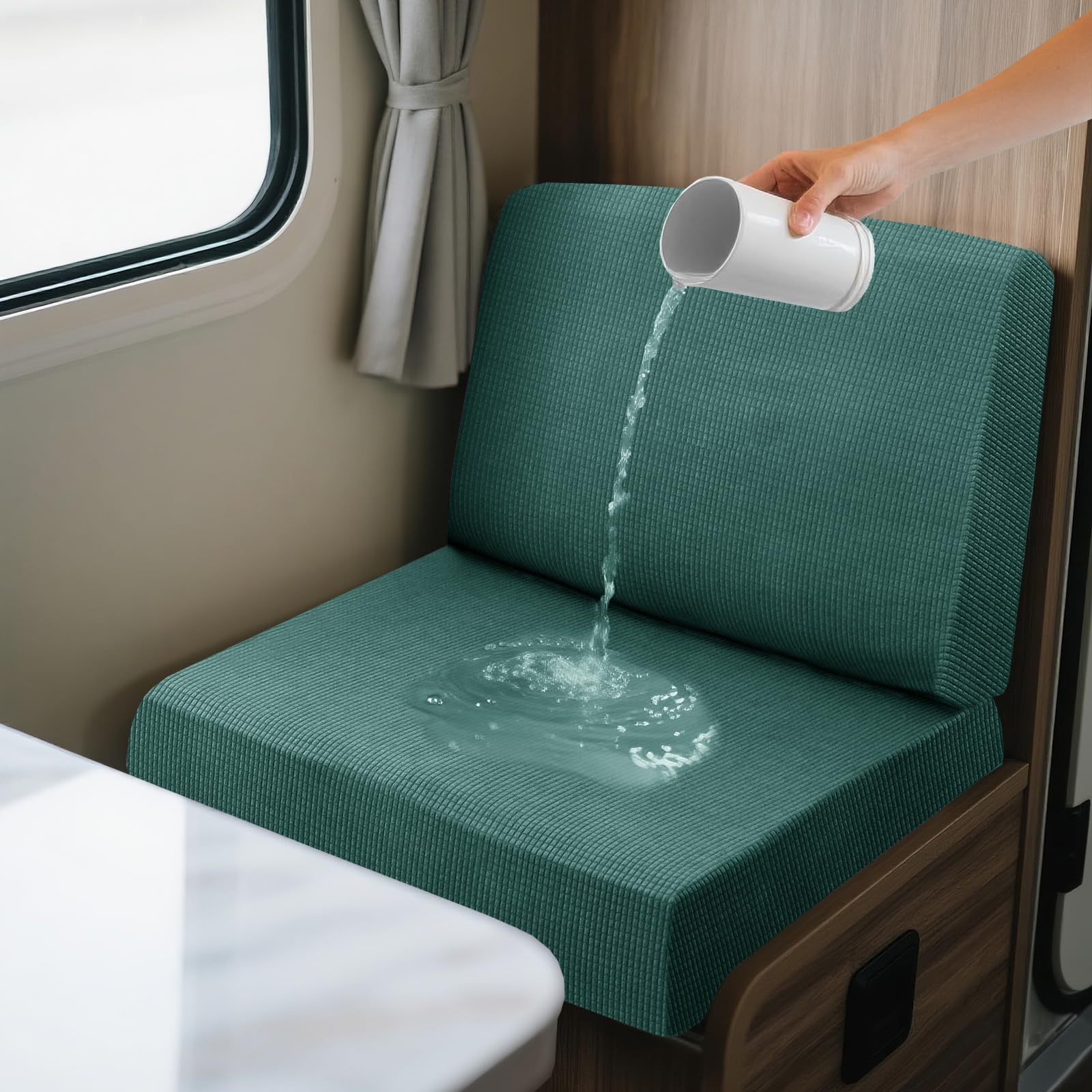 SYLC 2 Piece Waterproof Caravan Seat Covers and Backrest Cover, Non-slip Motorhome Dinette Cushion Covers with Ties, Stretch Campervan Seat Covers Jacquard (Checkered Lake green,Square M)