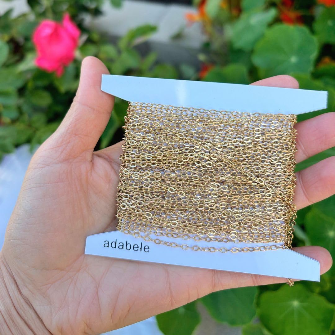 Adabele 33 Feet Diamond Cut Flat Cable Chain Link 2.5mm Small Raw Brass Uncoated Bulk for DIY Craft Jewelry Making CK10-F4