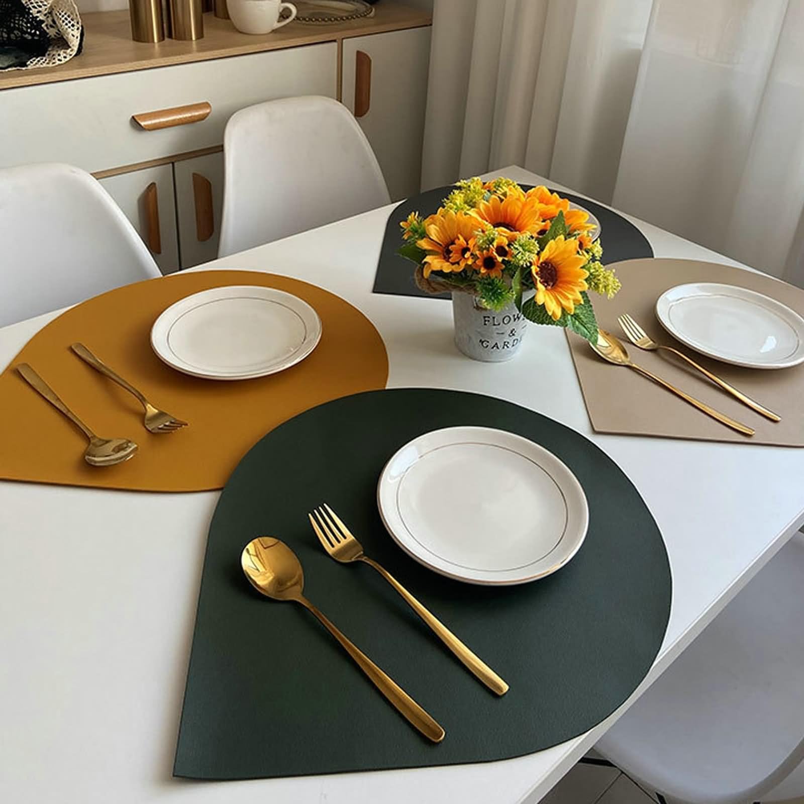 Tischsets Platzsets Gelb, Platzsets 6er Set 38x46cm+10x12cm Tropfenförmig, Einfarbig mit Untersetzer Leder