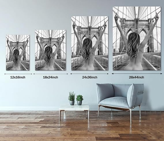 Sexy Painting on Canvas Wall Art Nude for Home Decor Living Room Black and White Erotic Girl's Back Picture for Toilet Bathroom Bar, Framed 16L x 12W