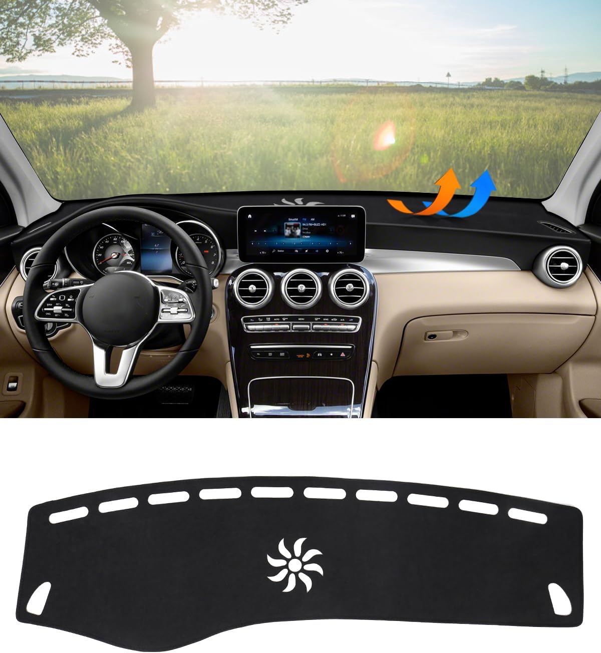 BIBLOZ Dash Cover Mat for Mercedes Benz 2016-2021 2022 GLC Model GLC300 GLC350e GLC43 GLC63 Accessories Black Flannel Interior Trim Car Dashboard UV Sun