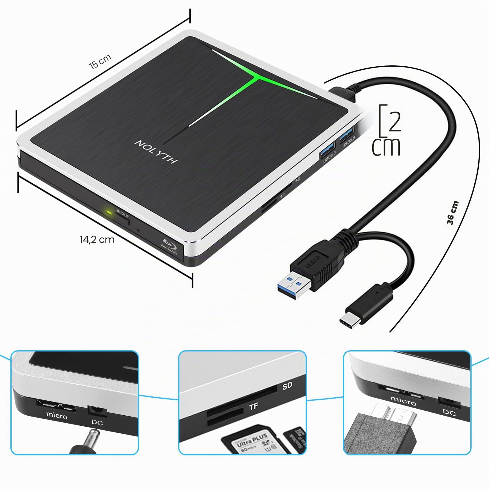 Lecteur Blu ray Externe USB C Graveur Bluray Externe USB 3.0 avec fente SD/TF / Ports USB / Sac, Portable Externe Blu-ray CD DVD Lecteurs pour Ordinateur Portable PC Mac Windows 11 MacBook