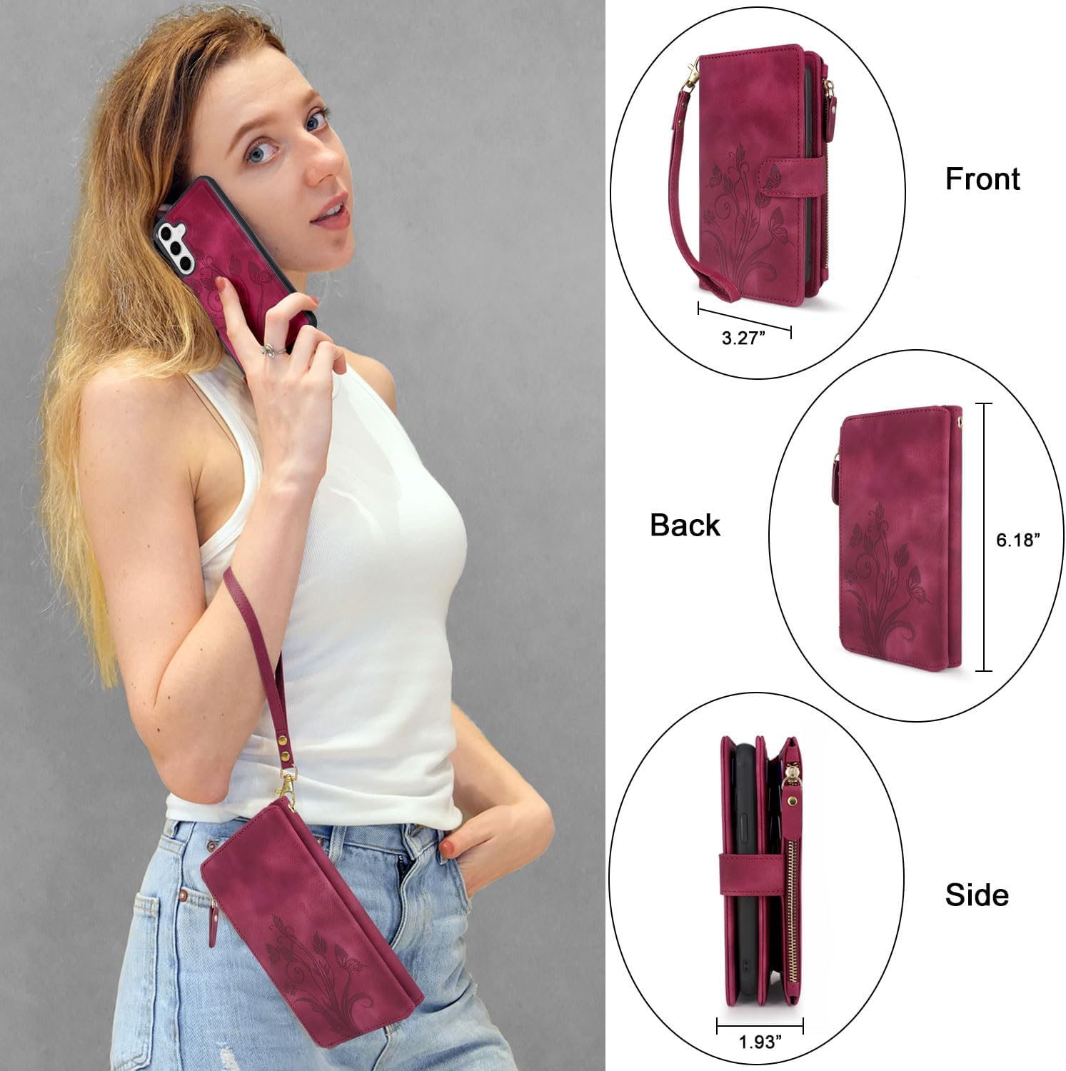Lacass Case Wallet for Samsung Galaxy S25 6.2 inch, [12 Card Slots] ID Credit Cash Holder Zipper Pocket Detachable Leather Wallet Cover with Wrist Strap Lanyard（Floral Wine Red）