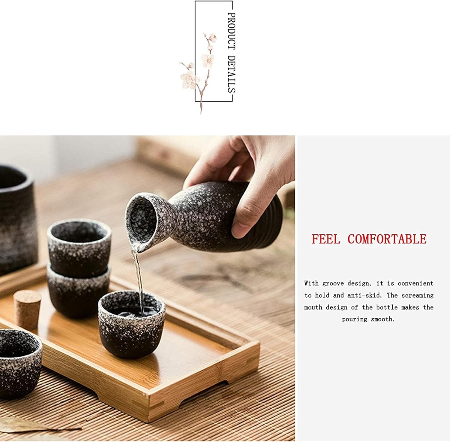 Concise Sake Set Mugs with Warmer Storage Box for Sake Traditional Porcelain Japanese Ceramic Sake Set with A Sake Bottle, Four Wine Glasses
