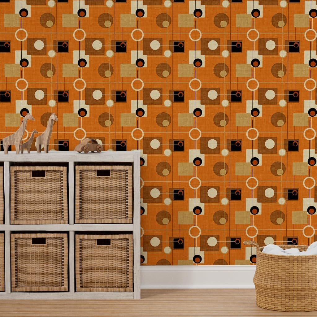 Peel & Stick Wallpaper 3ft x 2ft - Orbs Squares Orange Atomic Vintage Pattern Fifties Brown Mid Century Modern Rustic Retro Decor Custom Removable Wallpaper by Spoonflower
