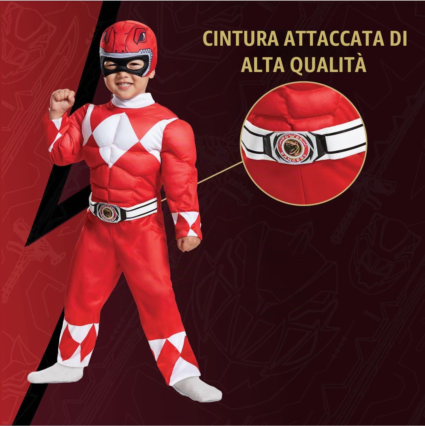 Disguise Costume Power Ranger Rosso Bambini, Vestito Muscoloso Carnevale Power Ranger, Costumi Di Carnevale Per Bambini Taglia XS (3-4 anni)