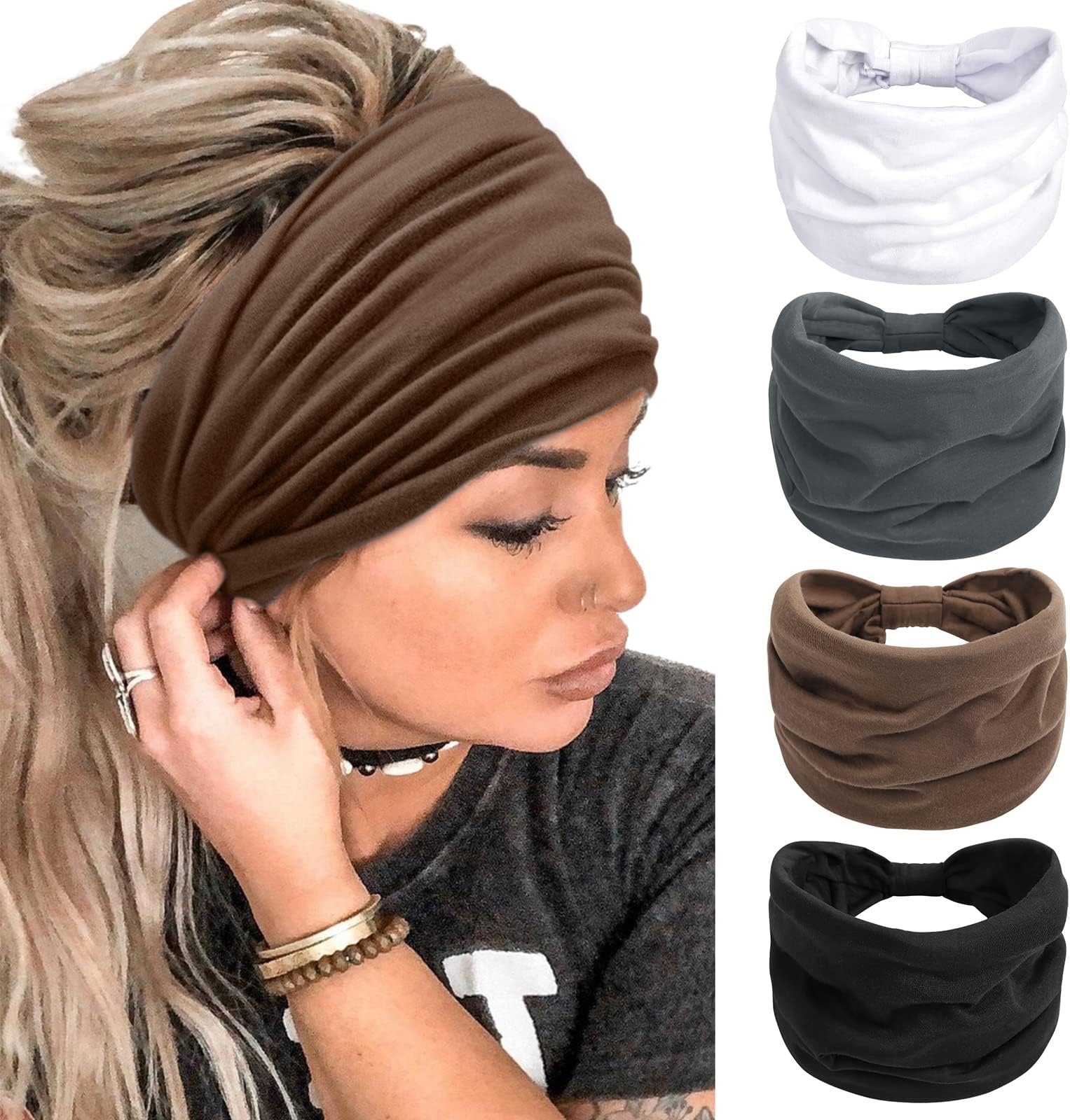 TERSEHeadbands for Women 7'' Extra Wide Head Bands Non Slip Boho Women’s Hair Band Fashion Knotted Workout Yoga Turban Head Wraps African (4 Packs)