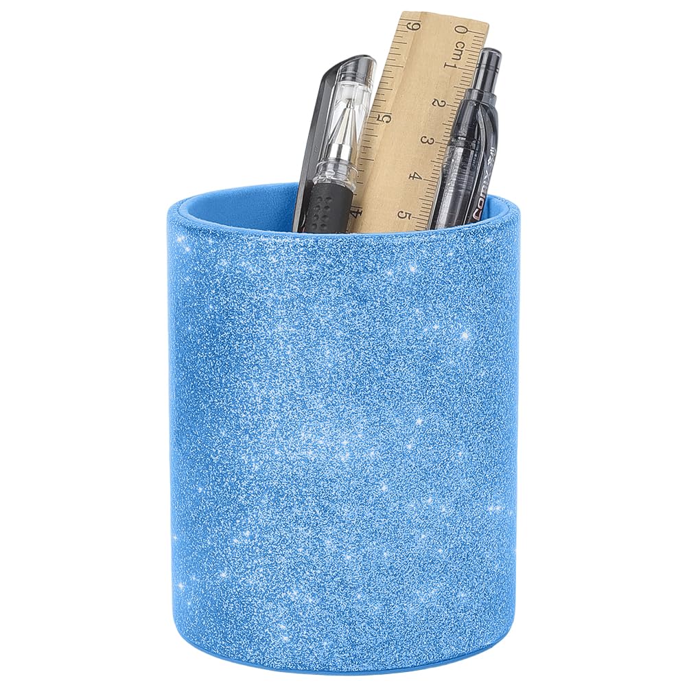 CALFOVERA PU Leather Round Pens Holder Luxury Glitter Bling Makeup Brush Stroage Cup Multifunctional Stationery Container Box Case Leather Shiny Pencil Cup Desktop Organizer for Desk Office(Blue)