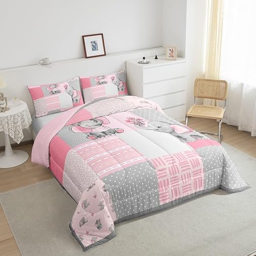 Miniatura 5 de Juego de edredón femenino de elefante tamaño individual, juego de ropa de cama geométrico a cuadros rosa y gris para niños y hombres, juego de