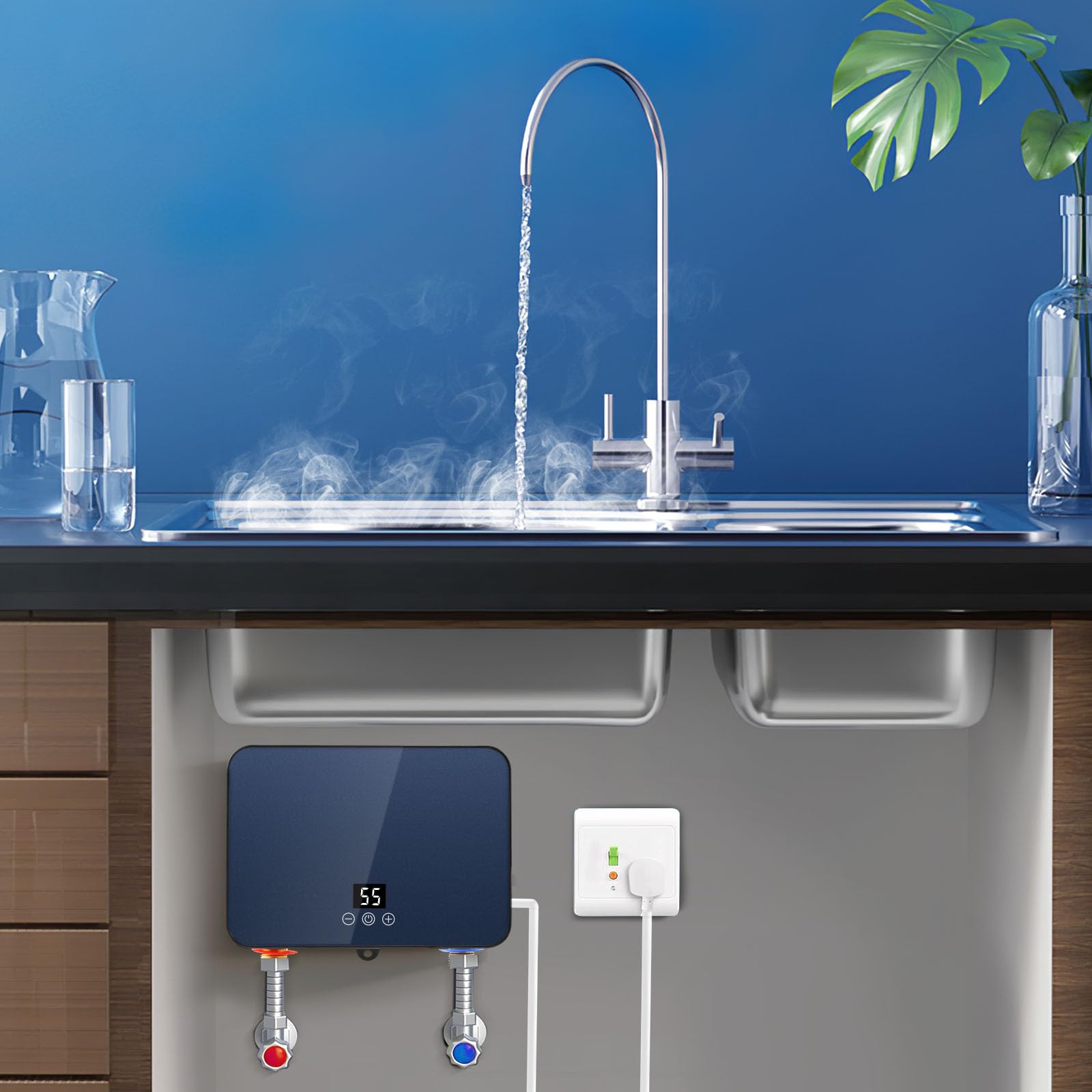 Calentador de Agua Eléctrico Instantáneo 6 kW 220 V Mini con Alcachofa de Ducha, Sistema de Agua Caliente sin Tanque para Baño, Cocina, Jardín, con Display LED de Temperatura Legible