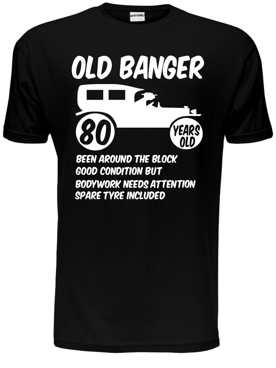 Print4u Men's Black 80Th/Eighty Age 80 Birthday T-Shirt Old Banger Unisex XX-Large
