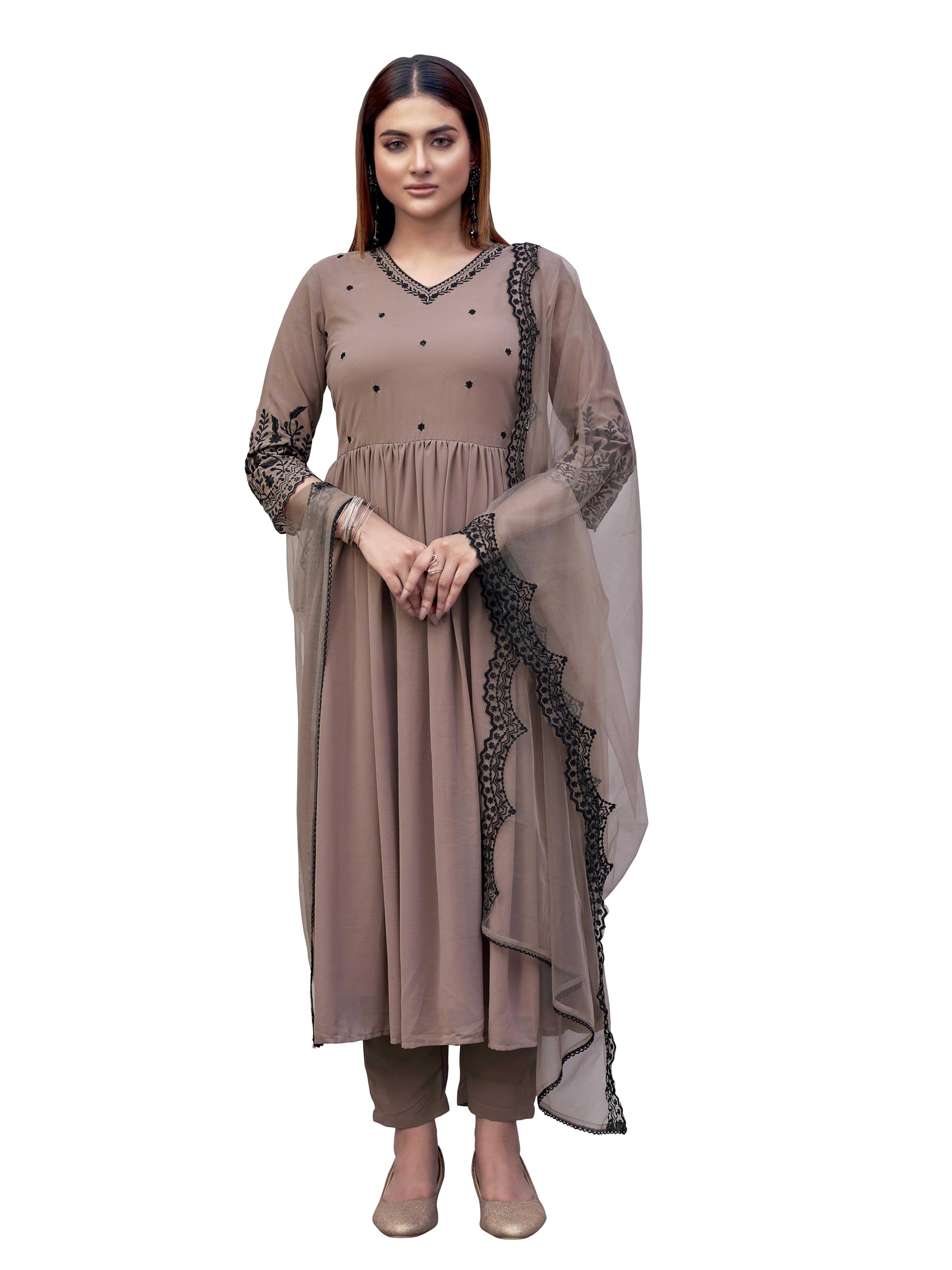 Womanista Women's Georgette Flared Solid Kurta Set (Kurtaset_1382_Nude