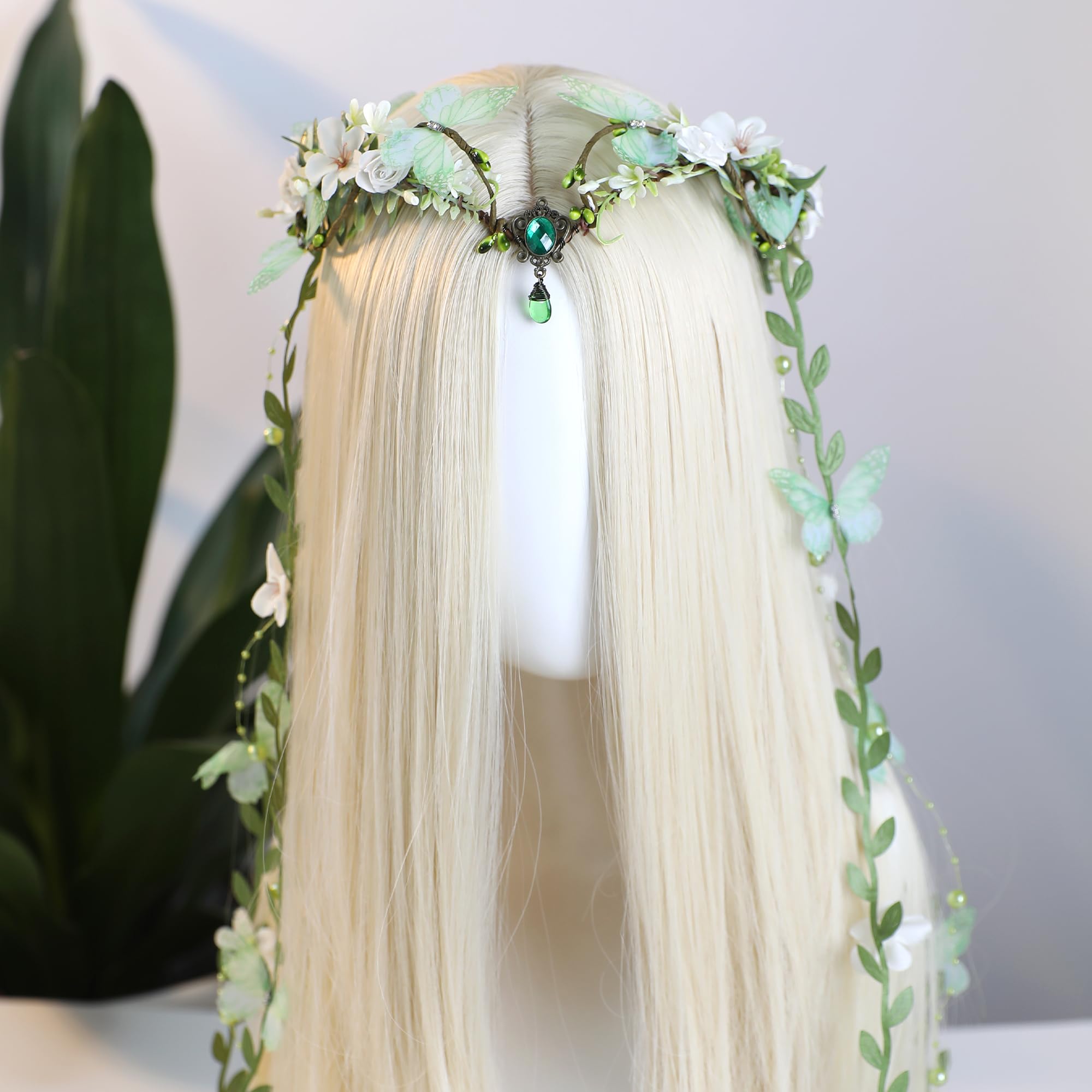 MOSTORY Couronne d'elfes - Bijou de tête de fée de la forêt - Costume de carnaval - Couronne de fleurs vert forêt - Elfe - Papillons - Compas floral - Forêt - Elfes - Esthétique - Pour femme