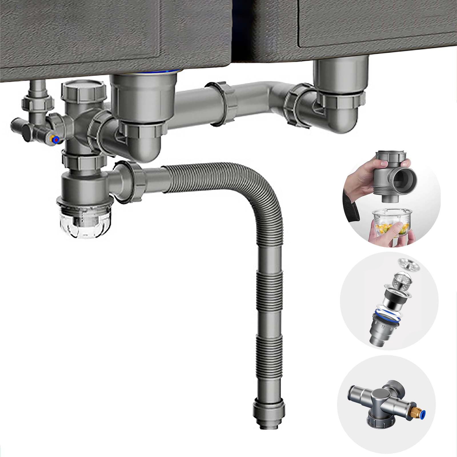 Doppelspülen-Ablaufset Platzsparendes Küchenspülen-Ablaufset Ausziehbares Flexibles Siphonrohr 114mm Spülenablauf-Montageset mit 4-Wege-Anschlussadapter für Geschirrspüler