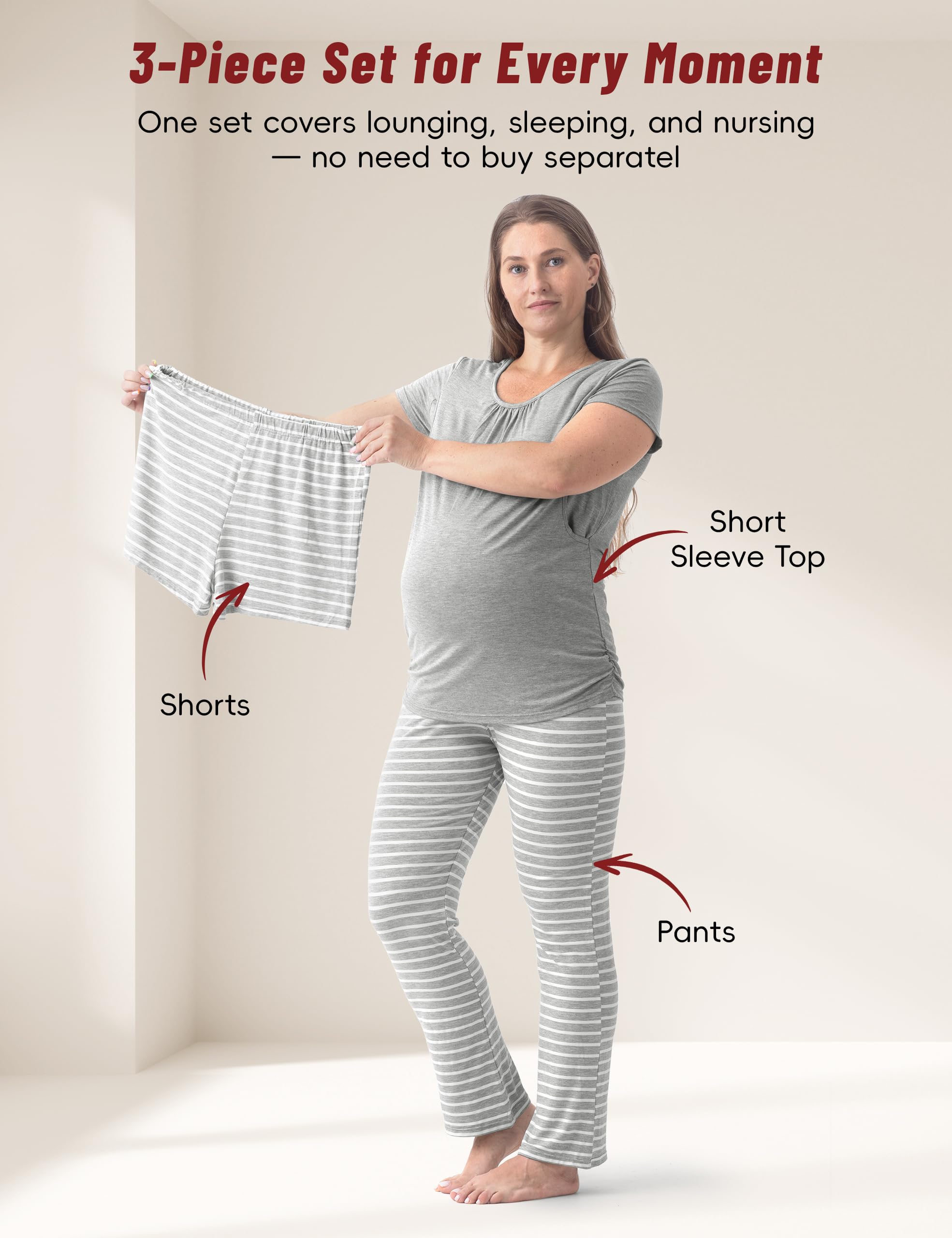 SUNNYBUY Pigiama Premaman per Donna 3 Pezzi – Maglietta Allattamento a Maniche Corte, Pantaloncini e Pantaloni Premaman, Grigio&Righe XL