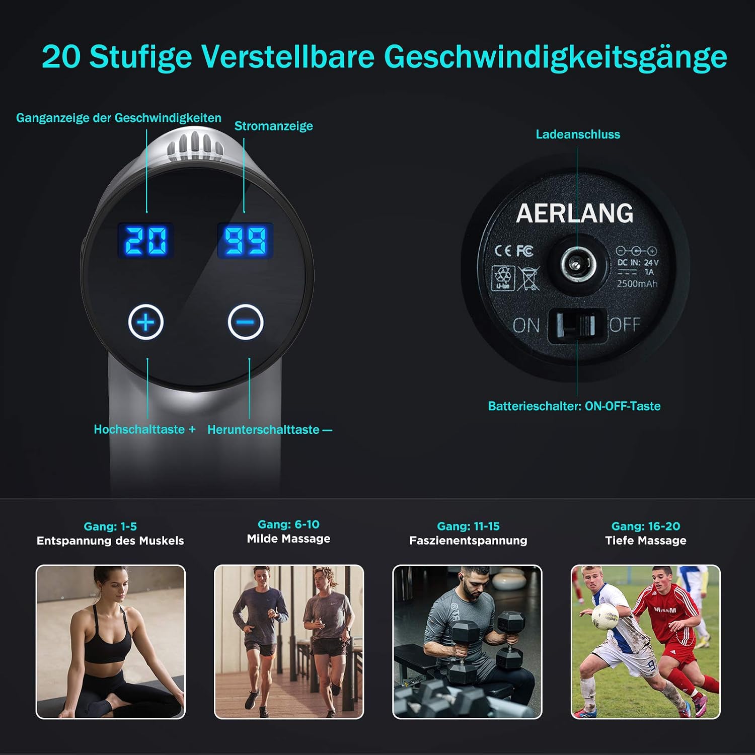 AERLANG Massage Gun control panel and speed level guide