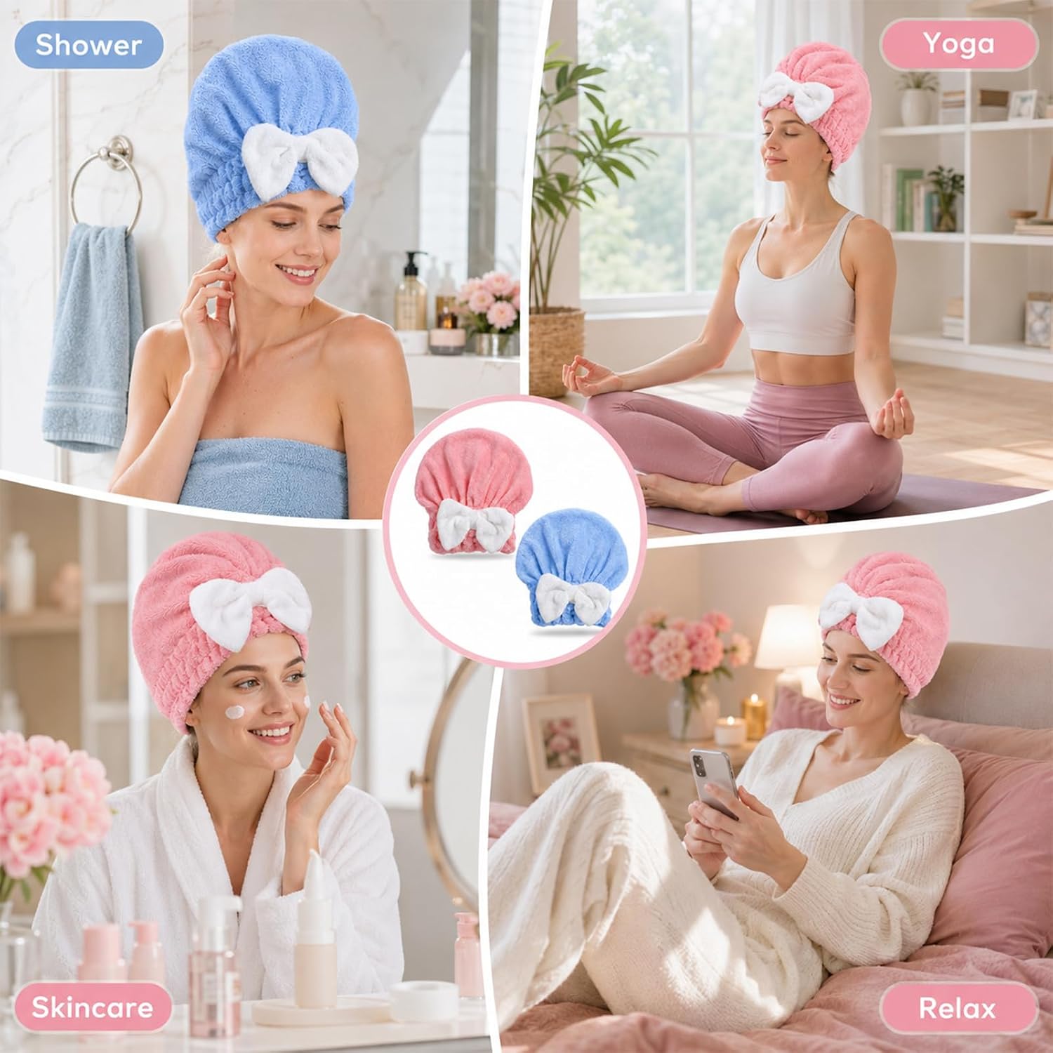 Microfiber Hair Towel Cap Soft Absorbent HairDrying Cap Quick-Drying Turban Wrap with Cute Bowtie Design Hair Towel Wrap for Women and Girls